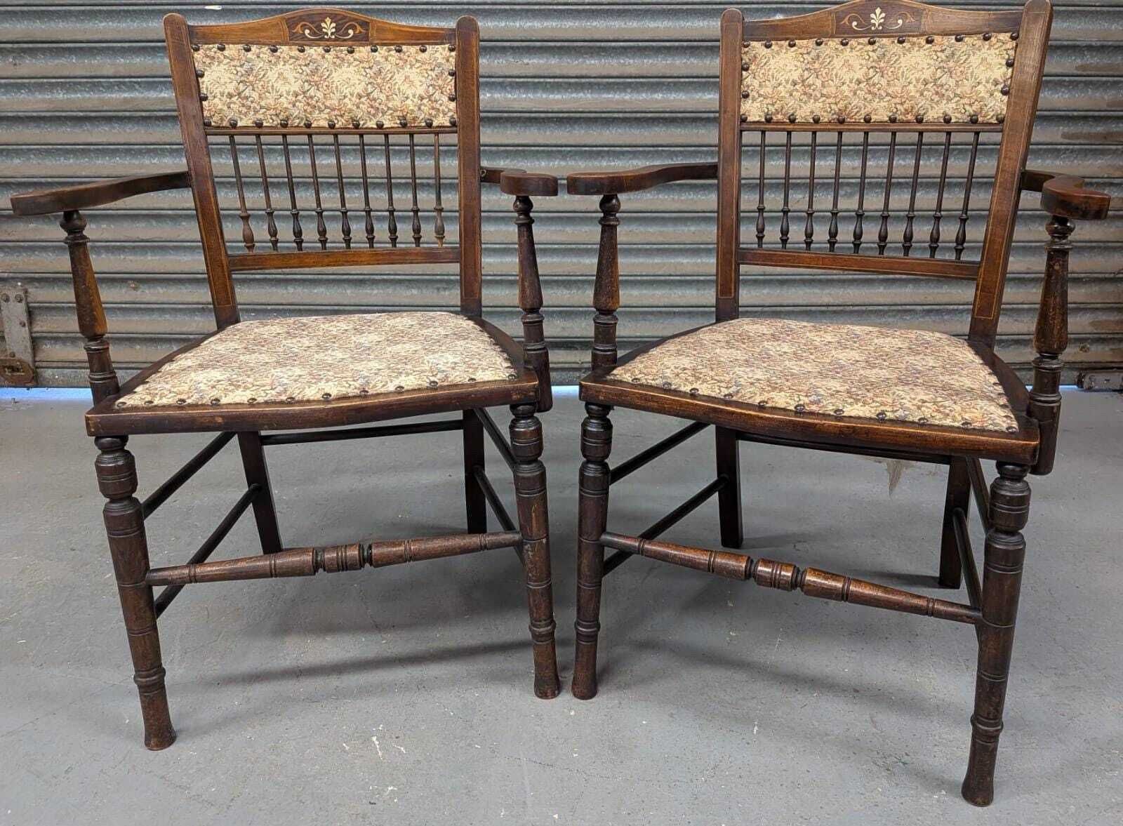 Pair Of Mid Victorian Inlaid Spindled Back Salon Elbow Chairs