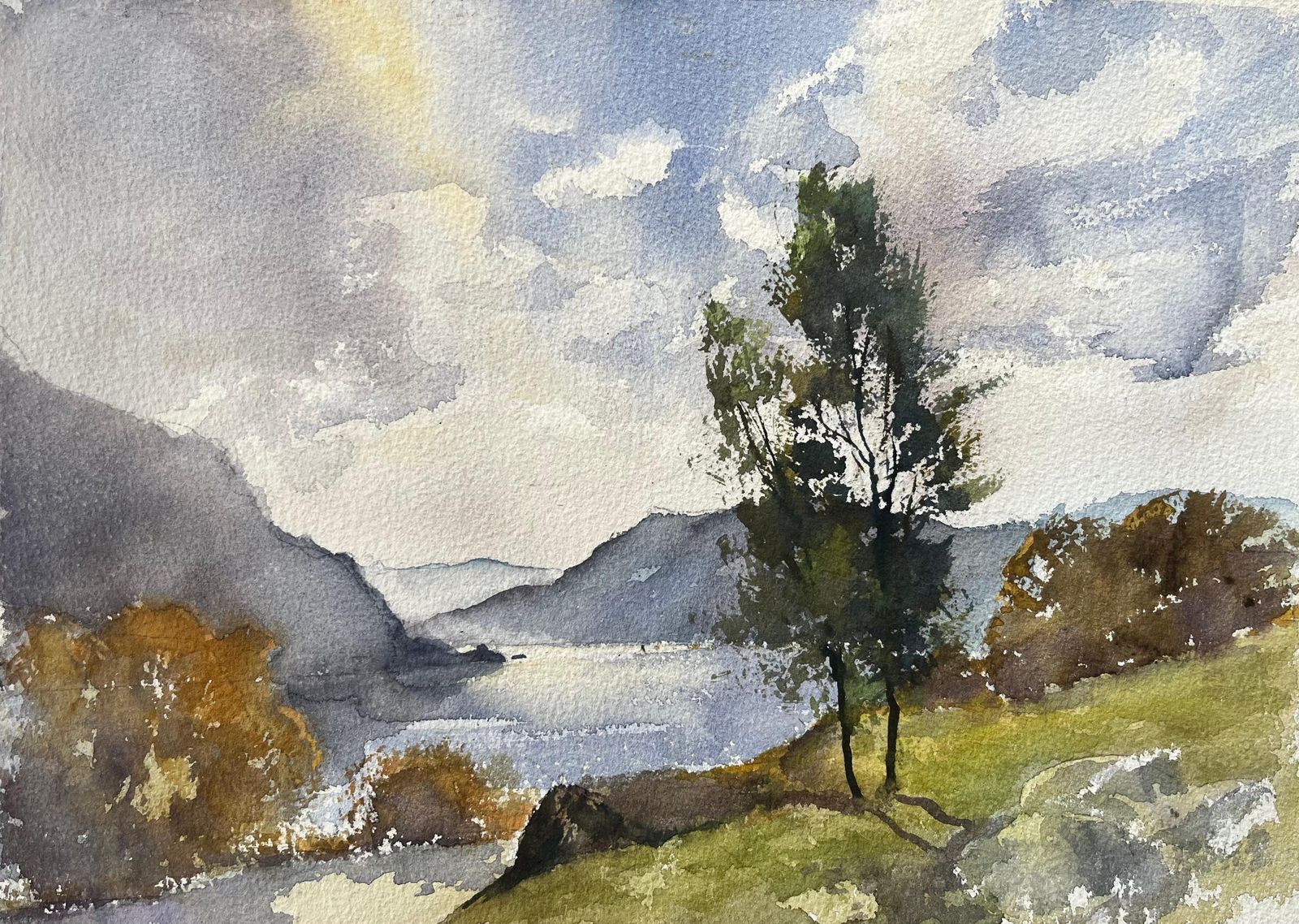 Anthony Avery British Impressionist Watercolor Of Tranquil Lakeside Landscape