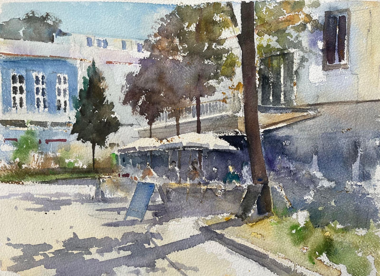 Anthony Avery British Impressionist Watercolor Of Busy Café In The Shade Of A Sunlit Square