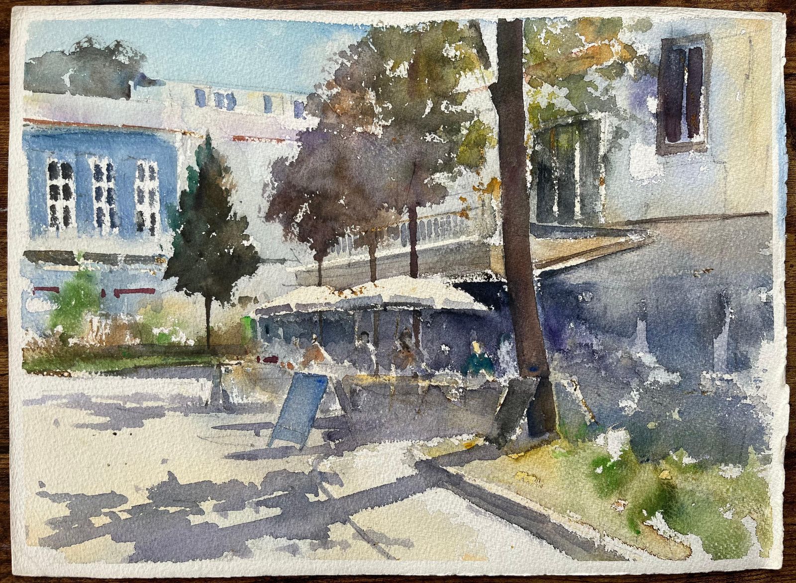 Anthony Avery British Impressionist Watercolor Of Busy Café In The Shade Of A Sunlit Square photo for sale