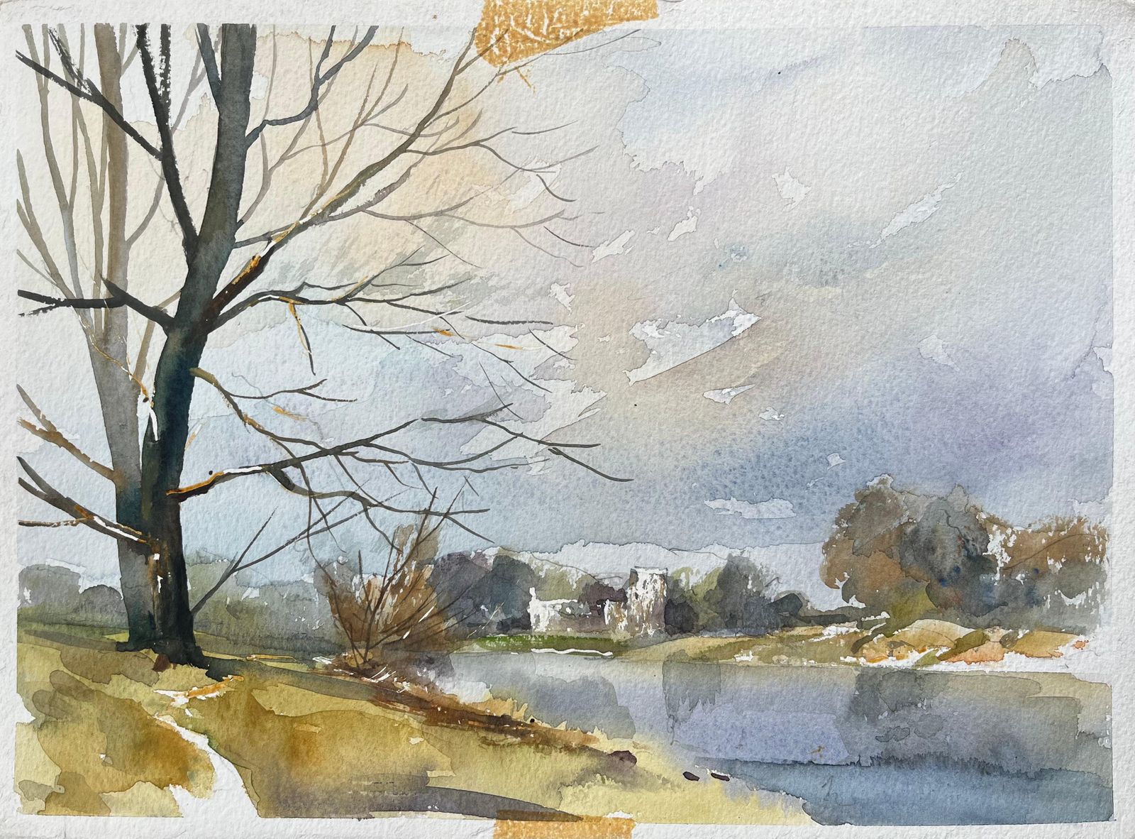 Anthony Avery British Watercolor Of Riverside Scene With Distant Church