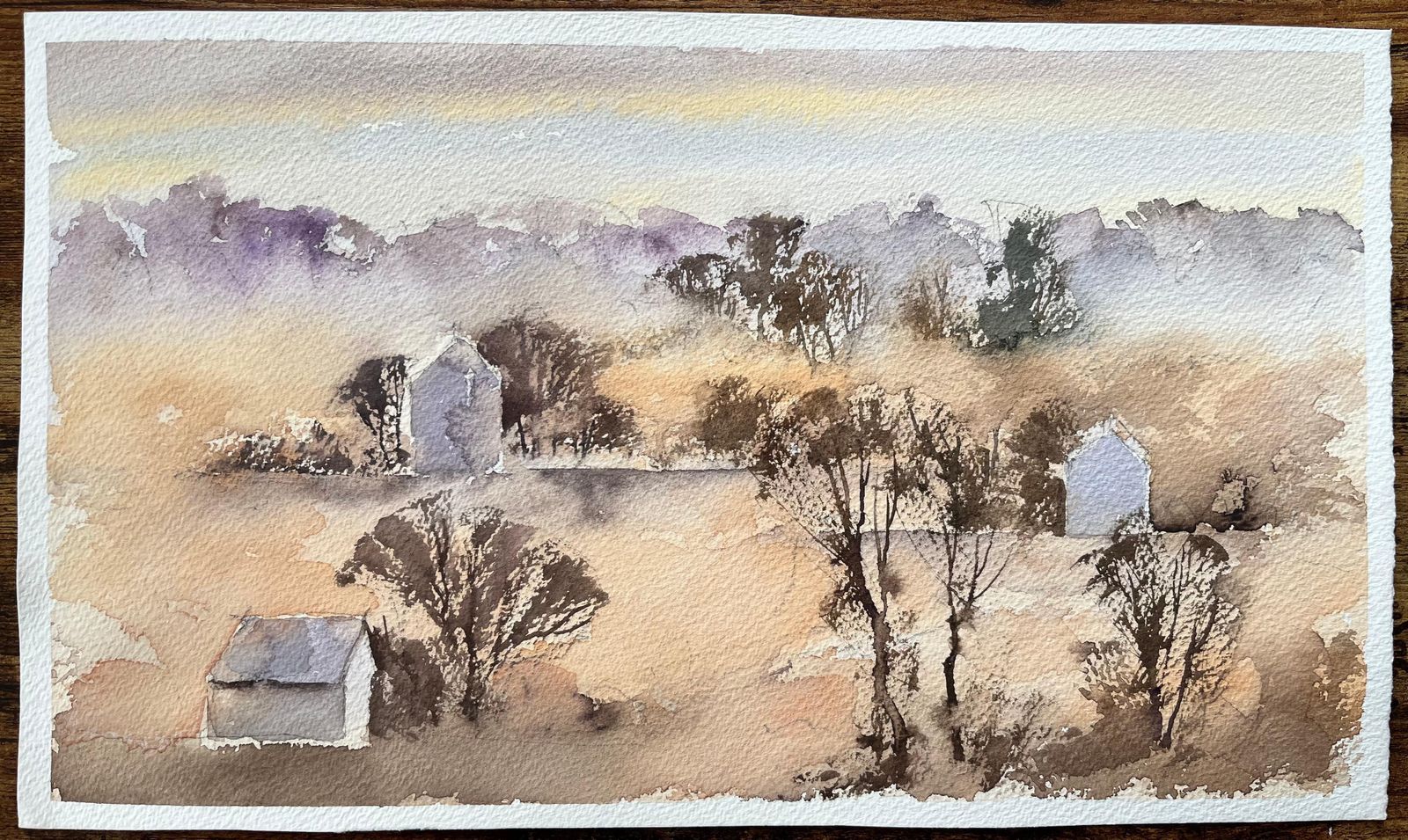 Anthony Avery British Impressionist Watercolor Of Misty Morning Landscape With Distant Houses photo furniture