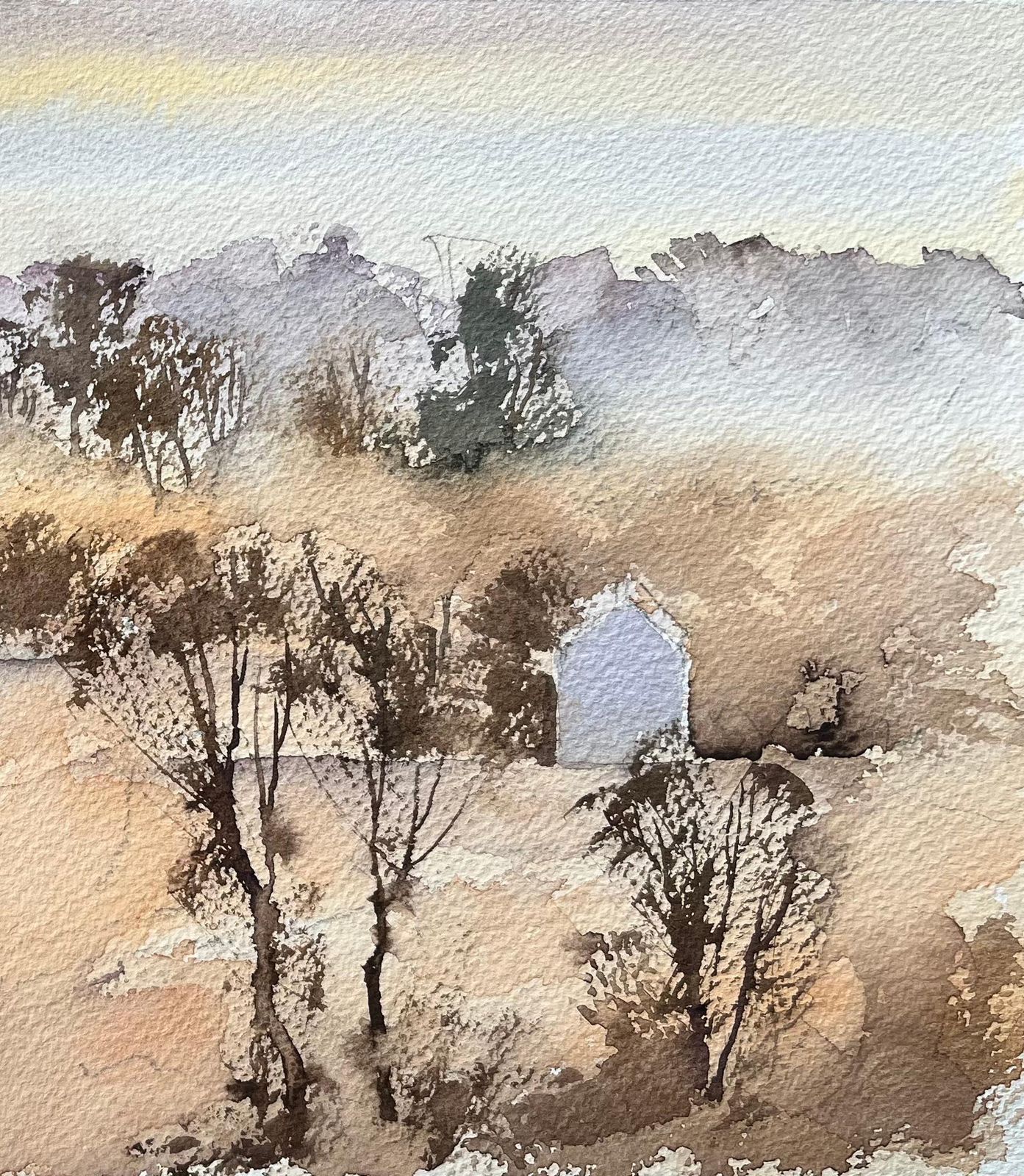 Anthony Avery British Impressionist Watercolor Of Misty Morning Landscape With Distant Houses photo vinterior