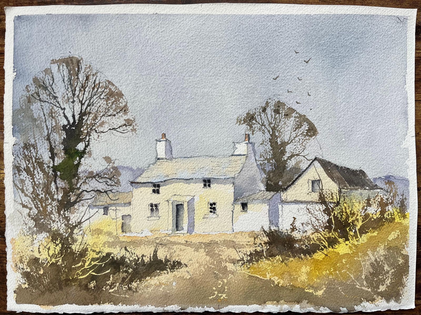 Anthony Avery British Watercolor Of A White Country Cottage With Autumnal Trees photo furniture