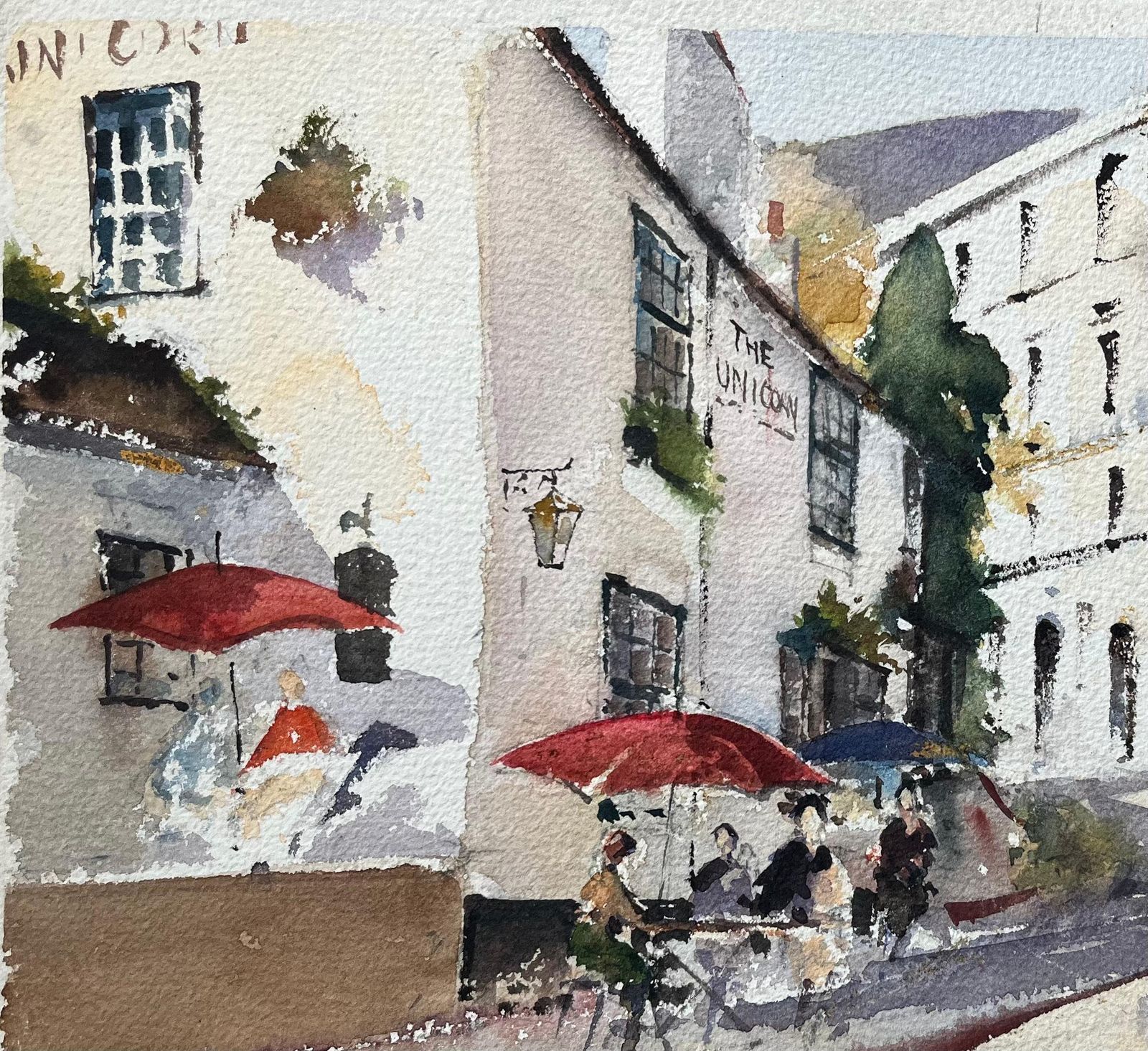 Anthony Avery British Impressionist Watercolor Of The Unicorn Inn And Village Scene photo 534.0
