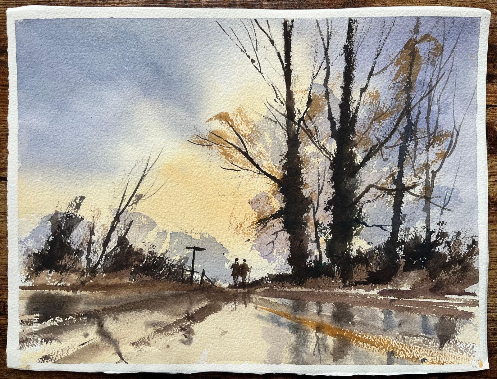Anthony Avery British Impressionist Watercolor Of A Figures On A Country Road At Sunset photo for sale