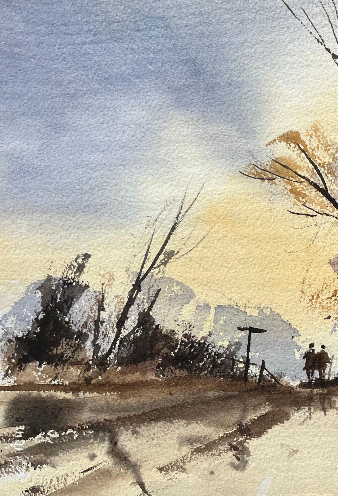 Anthony Avery British Impressionist Watercolor Of A Figures On A Country Road At Sunset photo 375.0