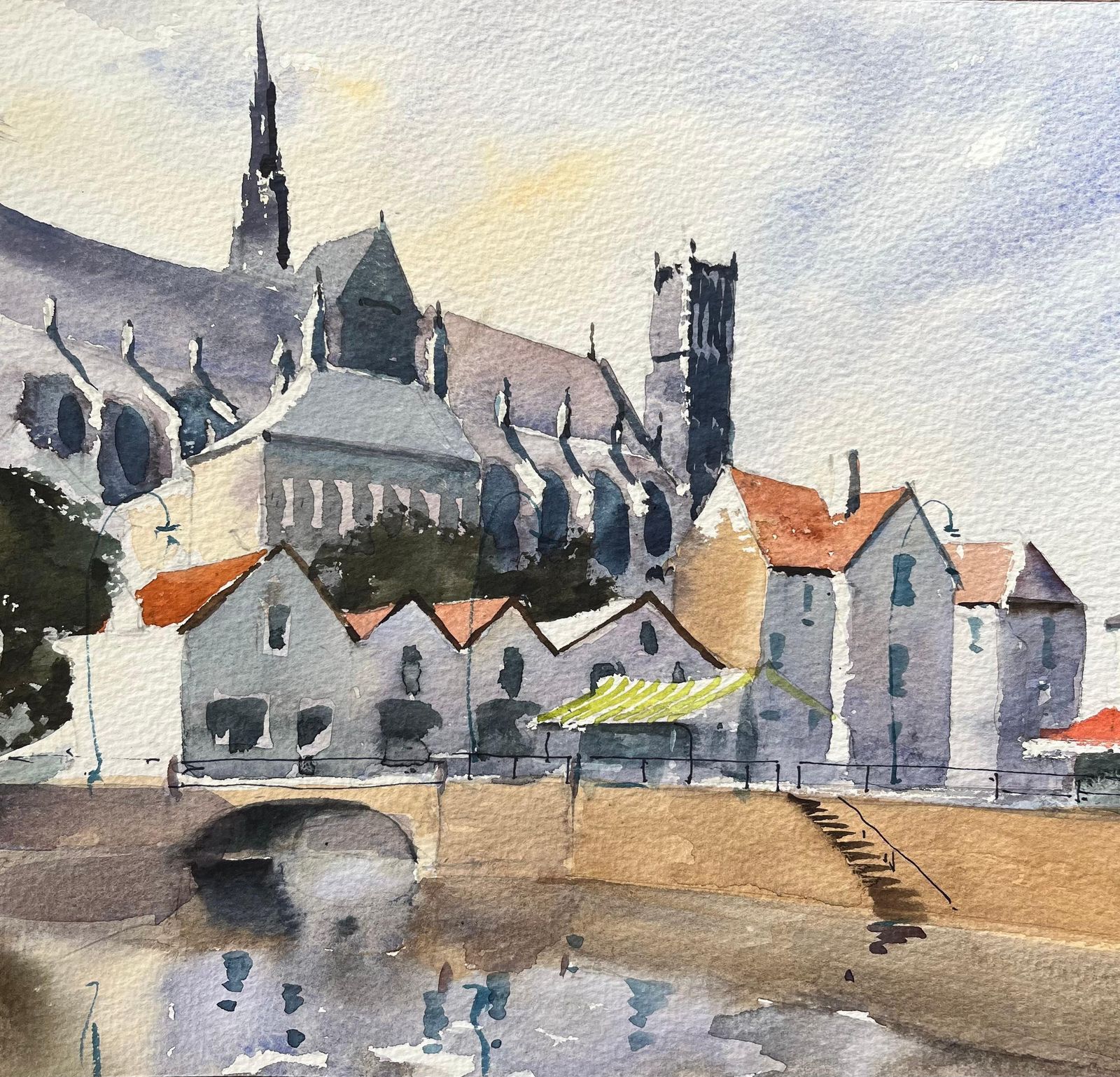 Anthony Avery British Impressionist Watercolor Of Riverside Town With Cathedral Spires