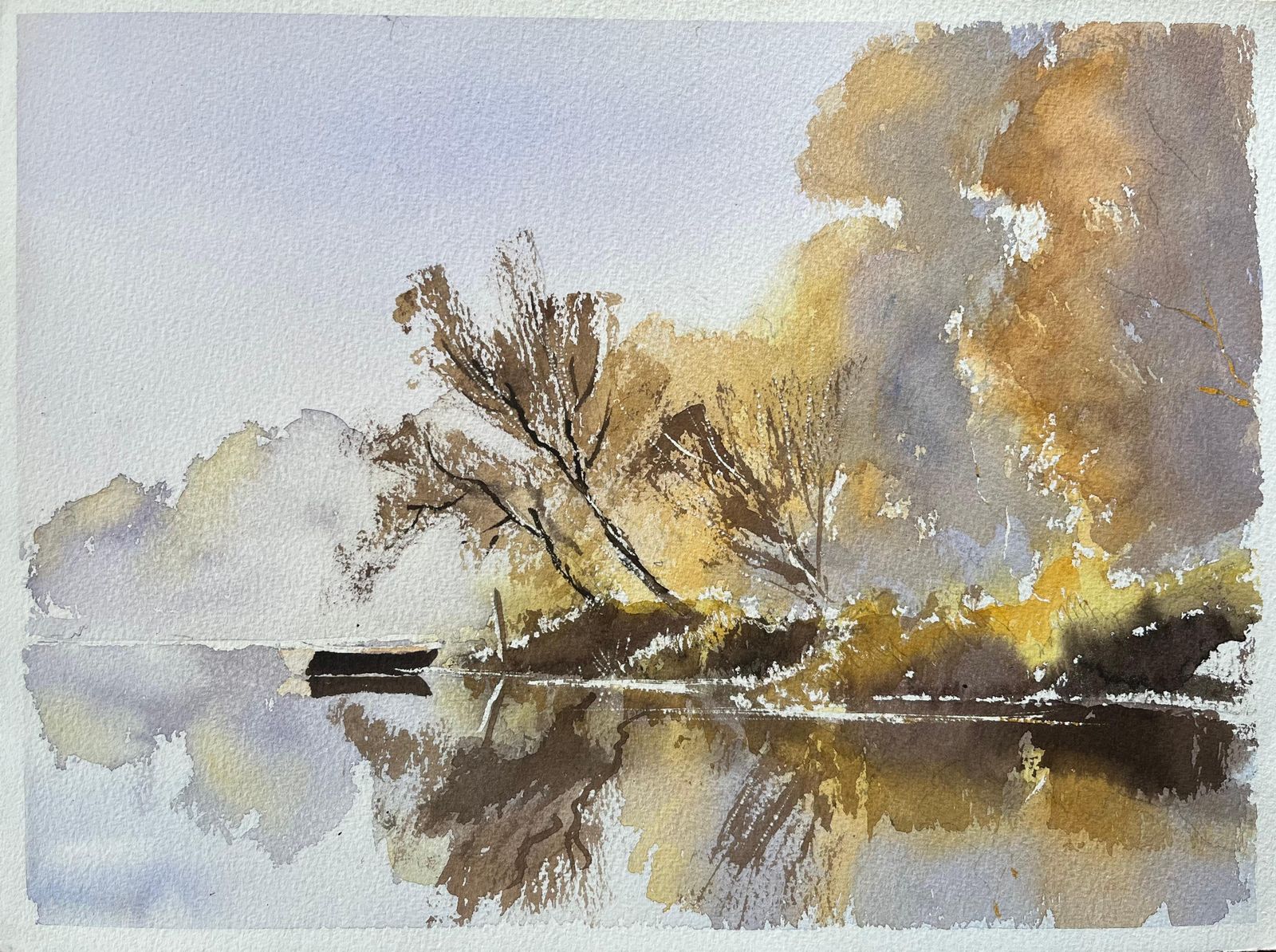 Anthony Avery British Watercolor Ofautumnal Reflections On A Still Lake With A Boat photo vintage