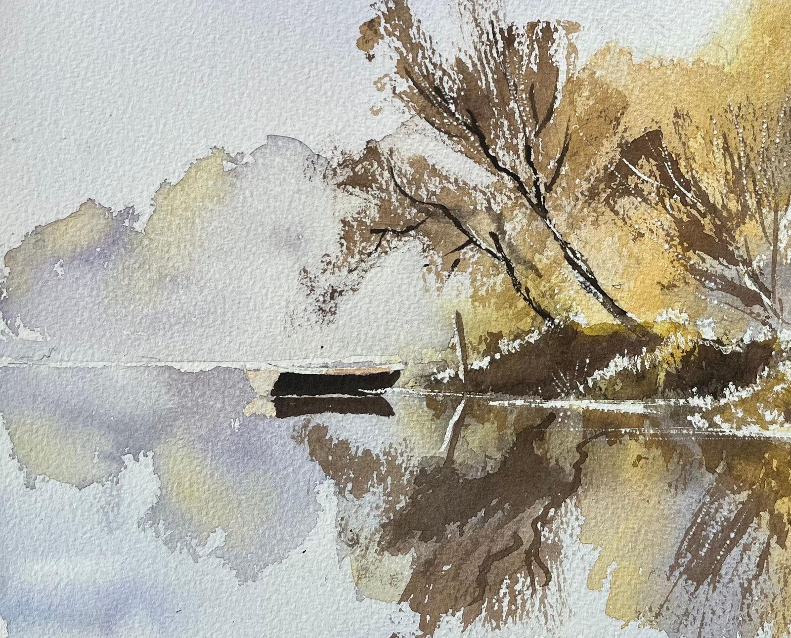 410.0 Anthony Avery British Watercolor Ofautumnal Reflections On A Still Lake With A Boat photo