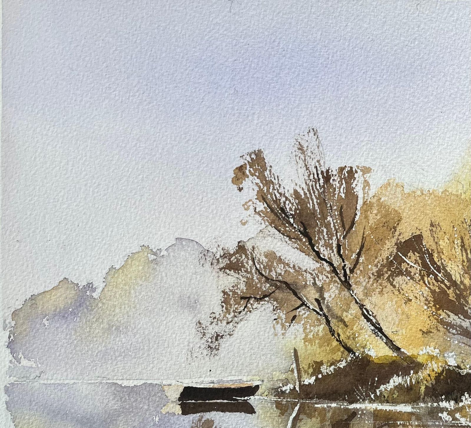 photo vinterior Anthony Avery British Watercolor Ofautumnal Reflections On A Still Lake With A Boat