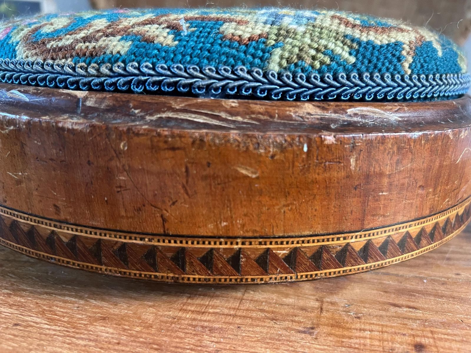 Antique Victorian Needlepoint Footstool With Tunbridge Ware Inlay Detail | Micro Mosaic Geometric Wood | Brass Ball Feet Stool | Patina Blue photo for sale