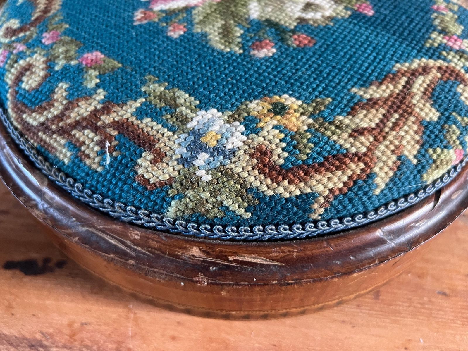Antique Victorian Needlepoint Footstool With Tunbridge Ware Inlay Detail | Micro Mosaic Geometric Wood | Brass Ball Feet Stool | Patina Blue photo vinterior
