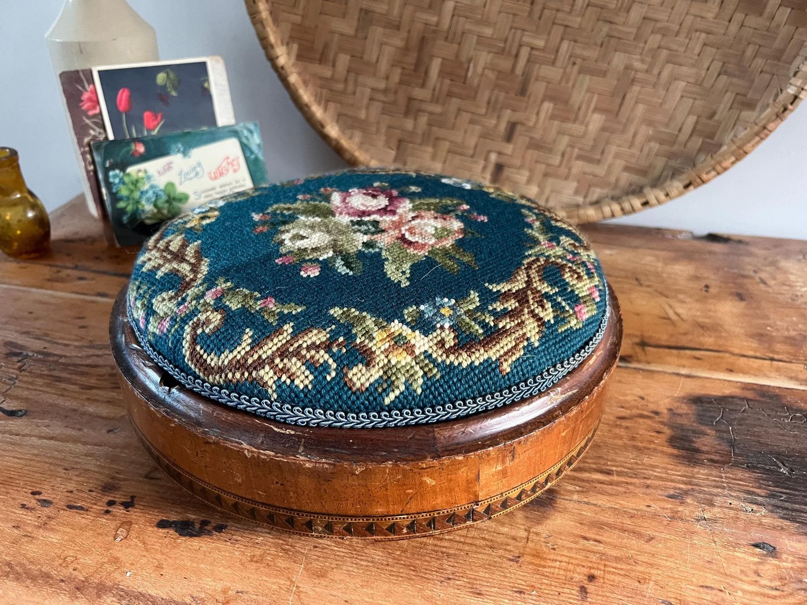 Furniture Antique Victorian Needlepoint Footstool With Tunbridge Ware Inlay Detail | Micro Mosaic Geometric Wood | Brass Ball Feet Stool | Patina Blue photo