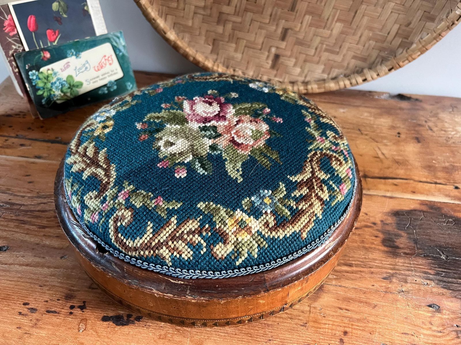 85.0 Antique Victorian Needlepoint Footstool With Tunbridge Ware Inlay Detail | Micro Mosaic Geometric Wood | Brass Ball Feet Stool | Patina Blue photo