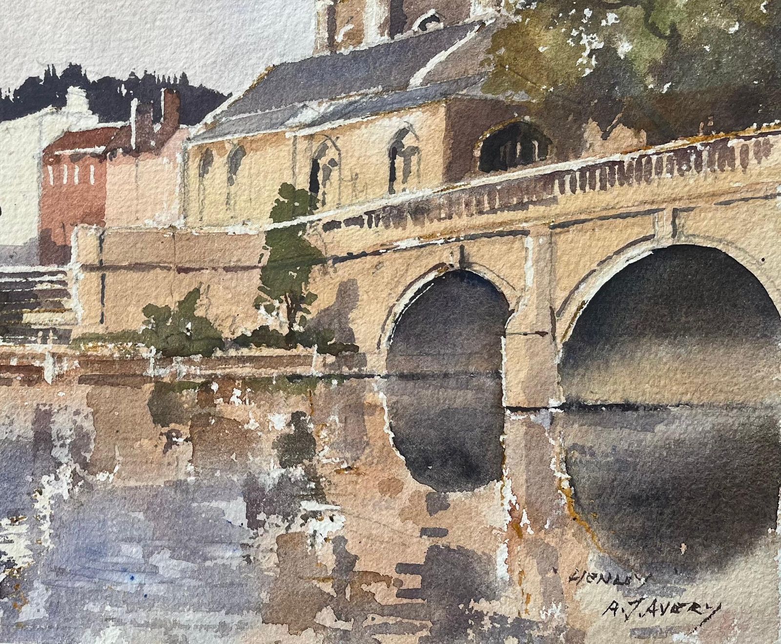 Anthony Avery British Impressionist Watercolor Of Riverside Buildings, A Church And Bridge photo for sale