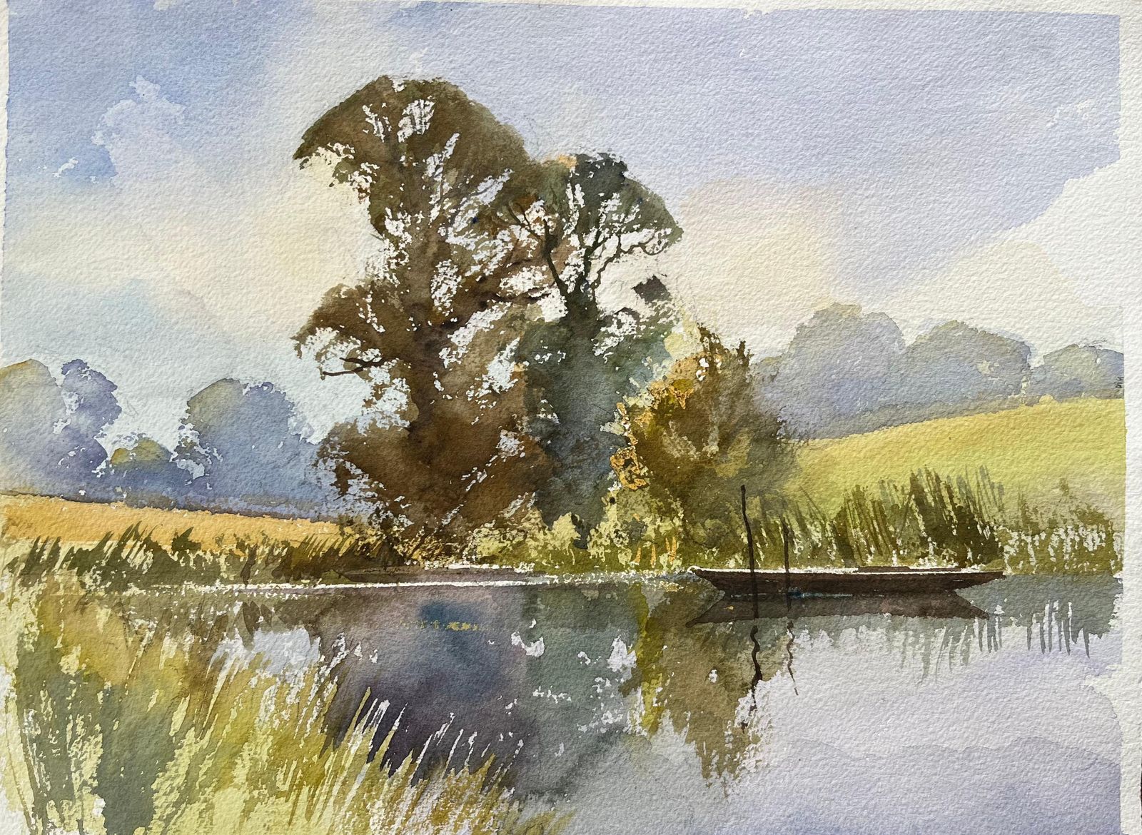 Anthony Avery British Watercolor Of Serene Landscape With Reflection And Boat