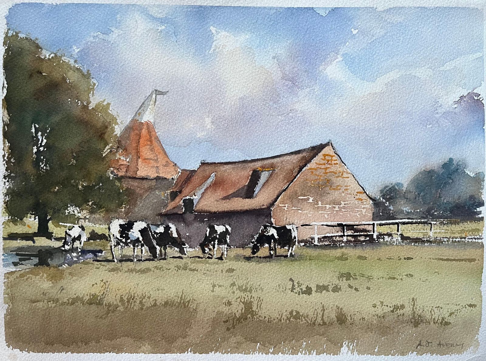 Anthony Avery British Impressionist Watercolor Of A Rural Farmstead With Grazing Cows