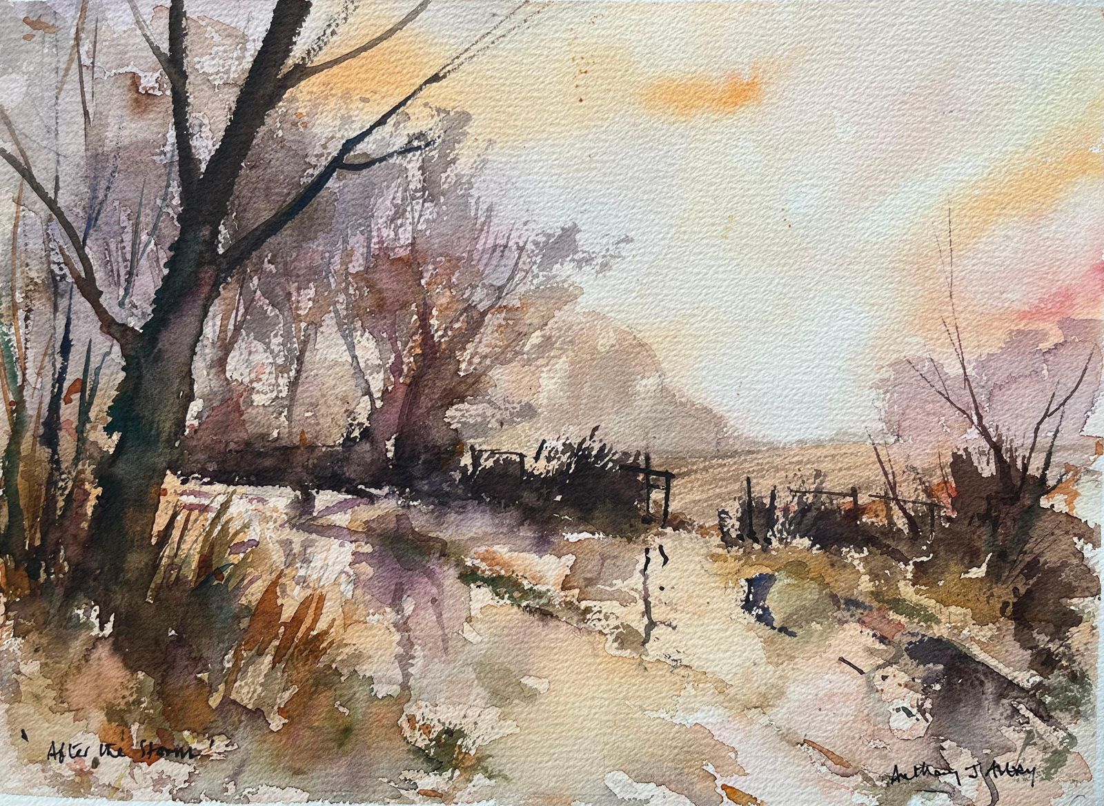 Anthony Avery British Impressionist Watercolor Of A Landscape Scene After The Storm