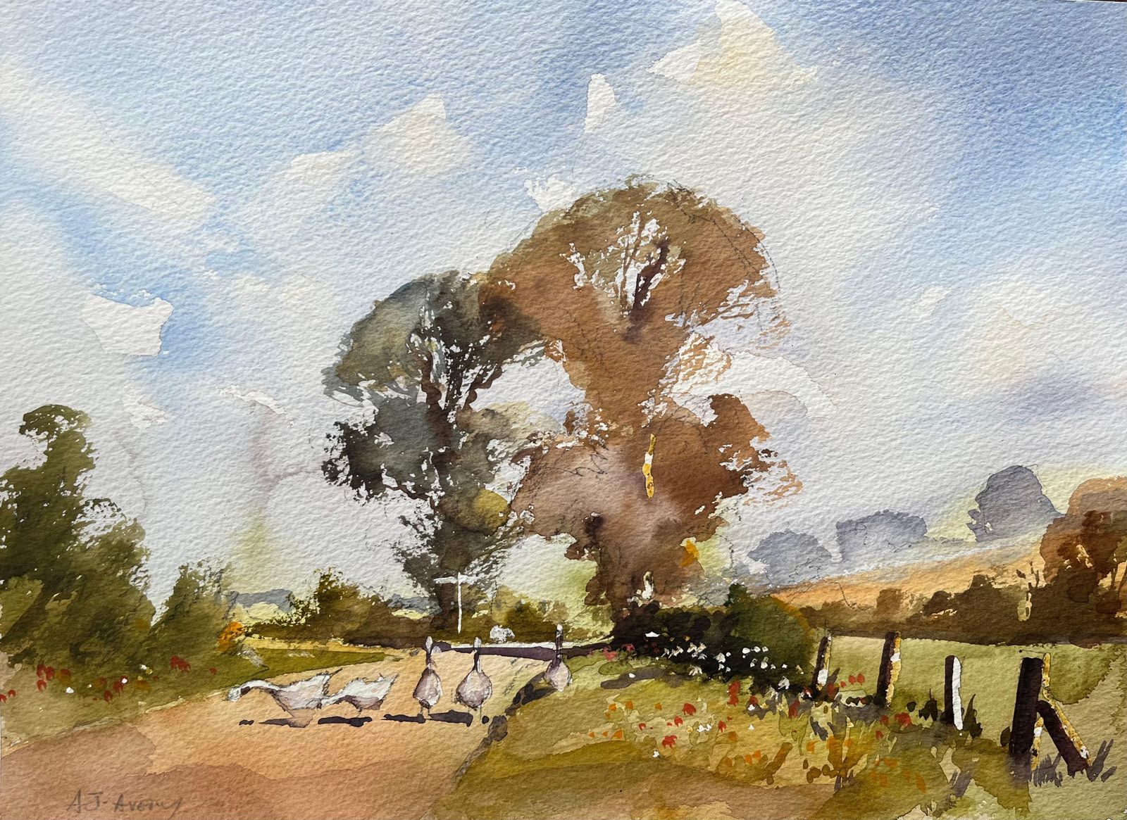 Anthony Avery British Impressionist Watercolor Of Geese Crossing A Quiet Country Lane