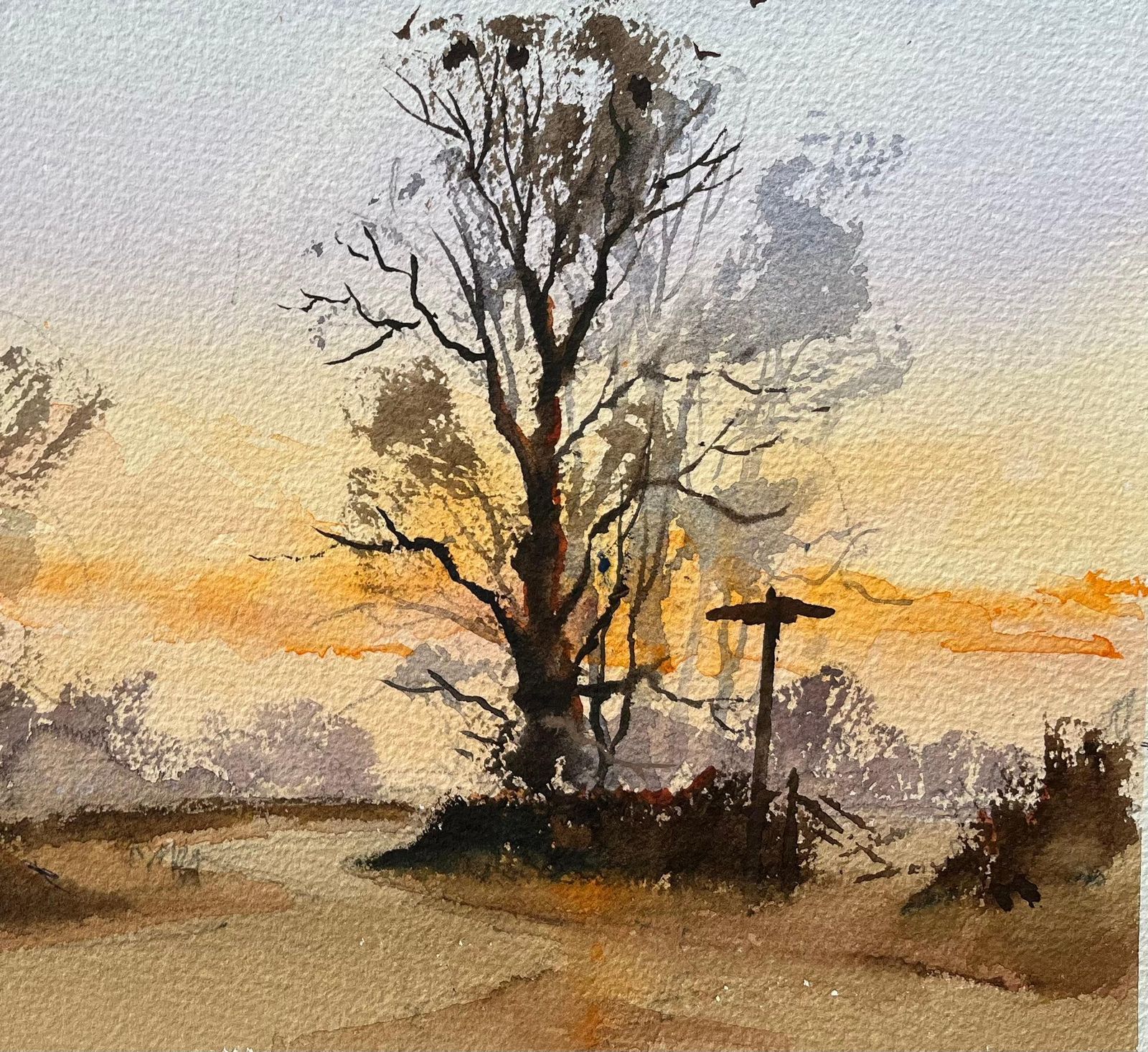 Anthony Avery British Watercolor Landscape With Tree Silhouettes At Sunset photo for sale