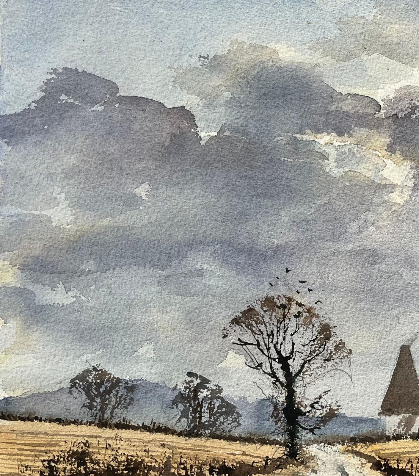 Anthony Avery British Watercolor Landscape With Oast Houses And Moody Sky photo 445.0