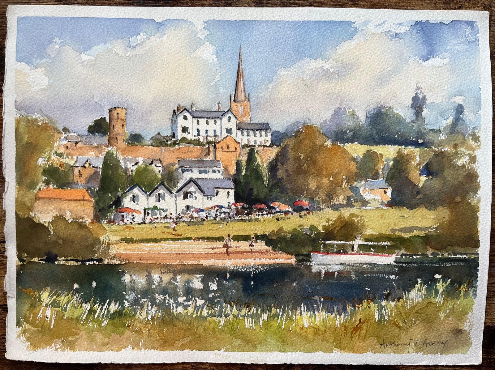 Anthony Avery British Impressionist Watercolor Of A Sunlit Riverside Village Scene photo for sale