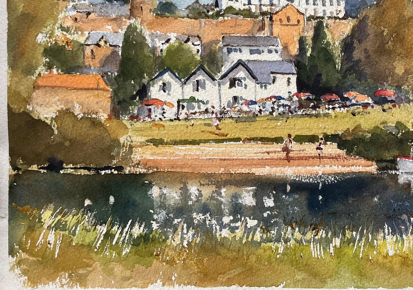 Anthony Avery British Impressionist Watercolor Of A Sunlit Riverside Village Scene photo vinterior