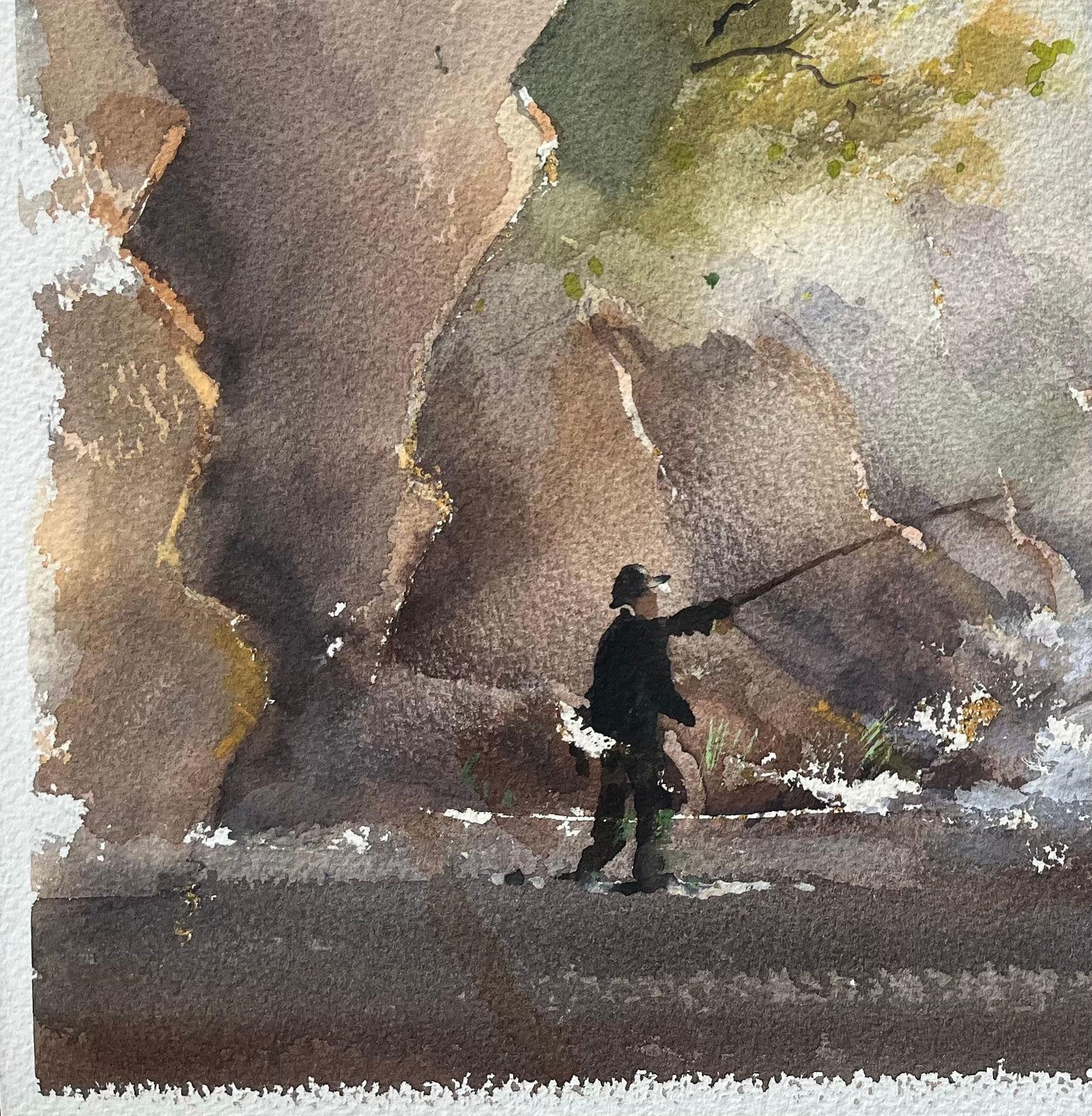 Anthony Avery British Impressionist Watercolor Of A Fisherman By A Cascading Stream photo Art