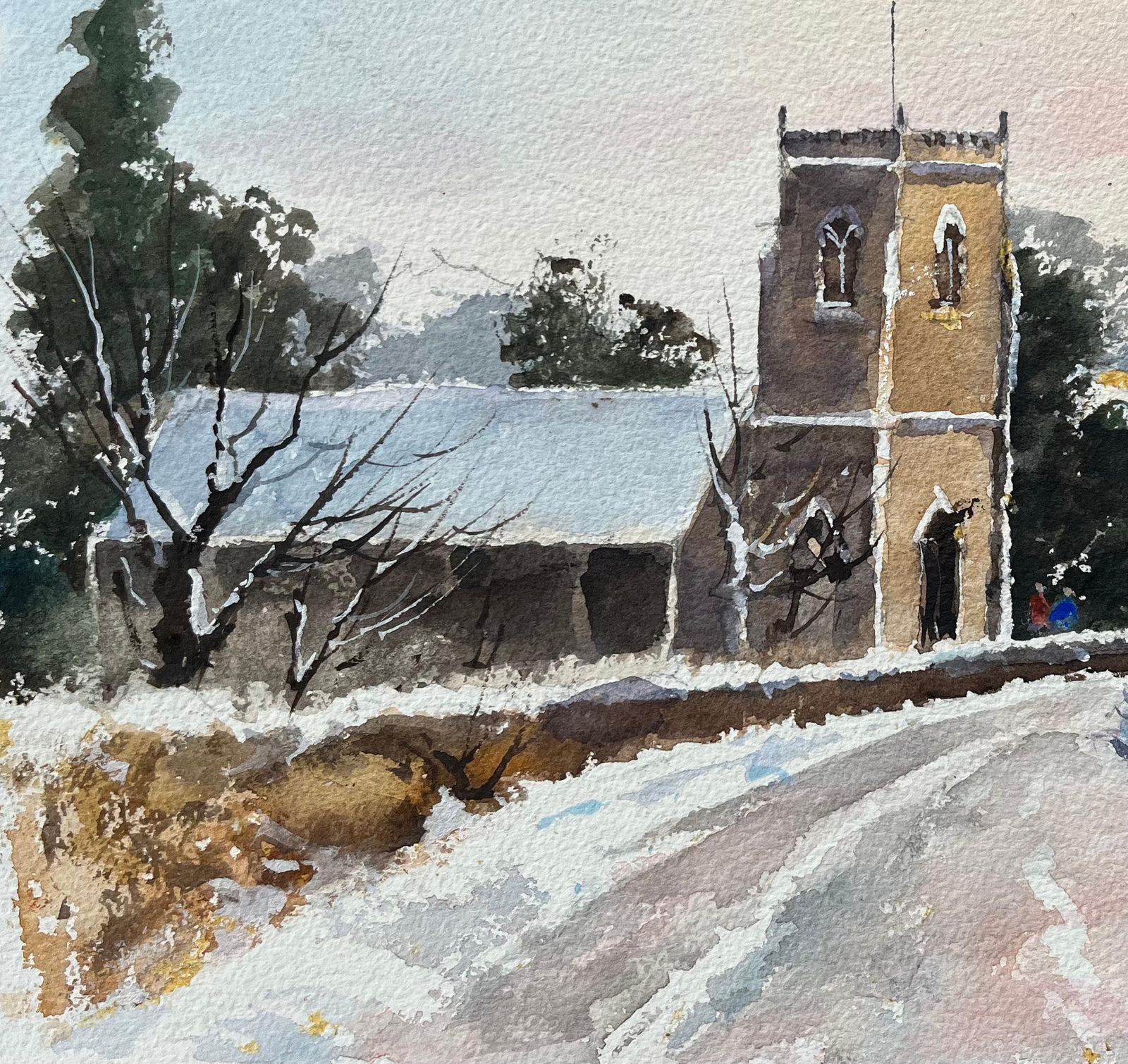 Anthony Avery British Original Watercolor Of A Snow Covered Church And Countryside photo Art