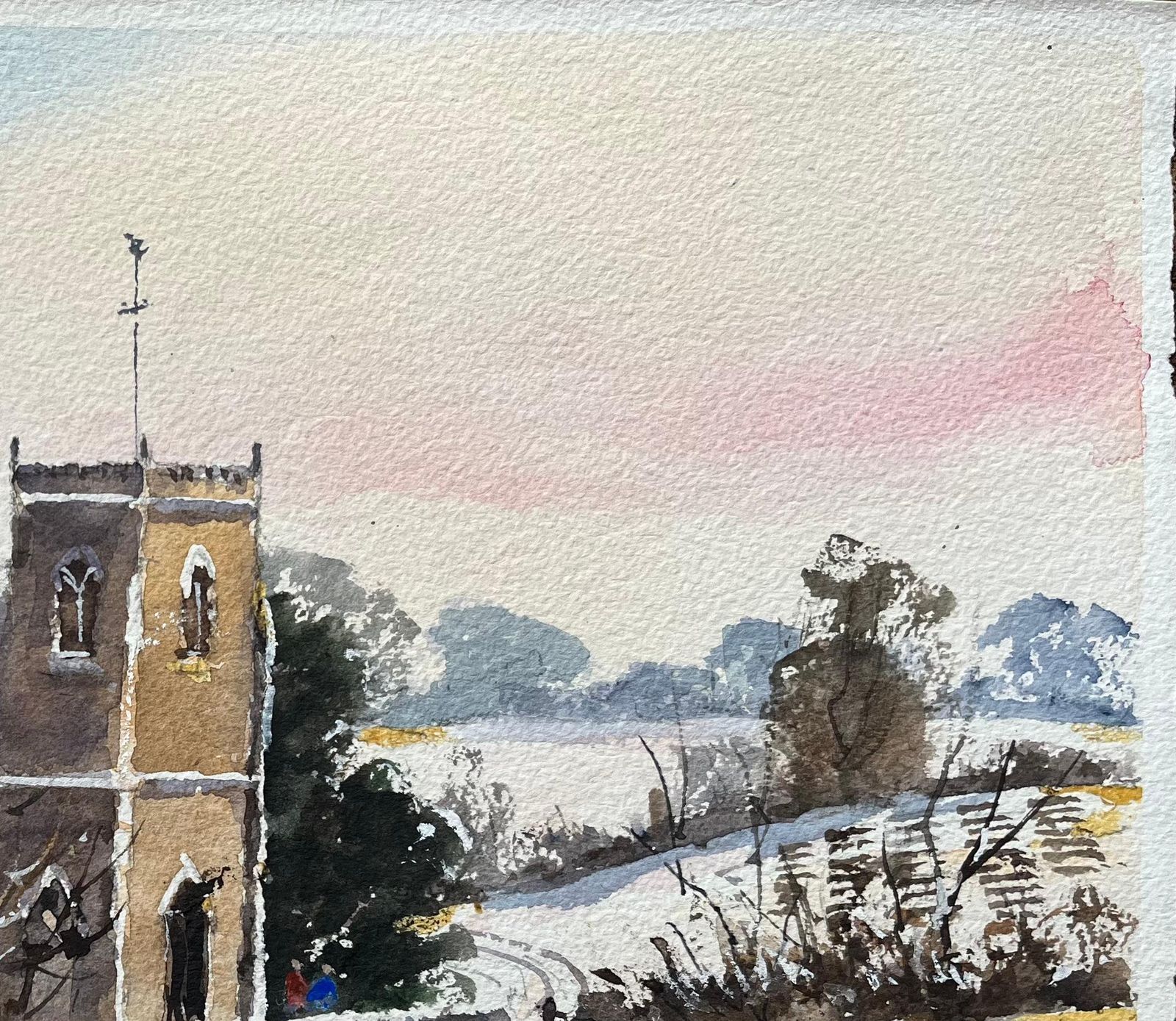 Anthony Avery British Original Watercolor Of A Snow Covered Church And Countryside photo vinterior