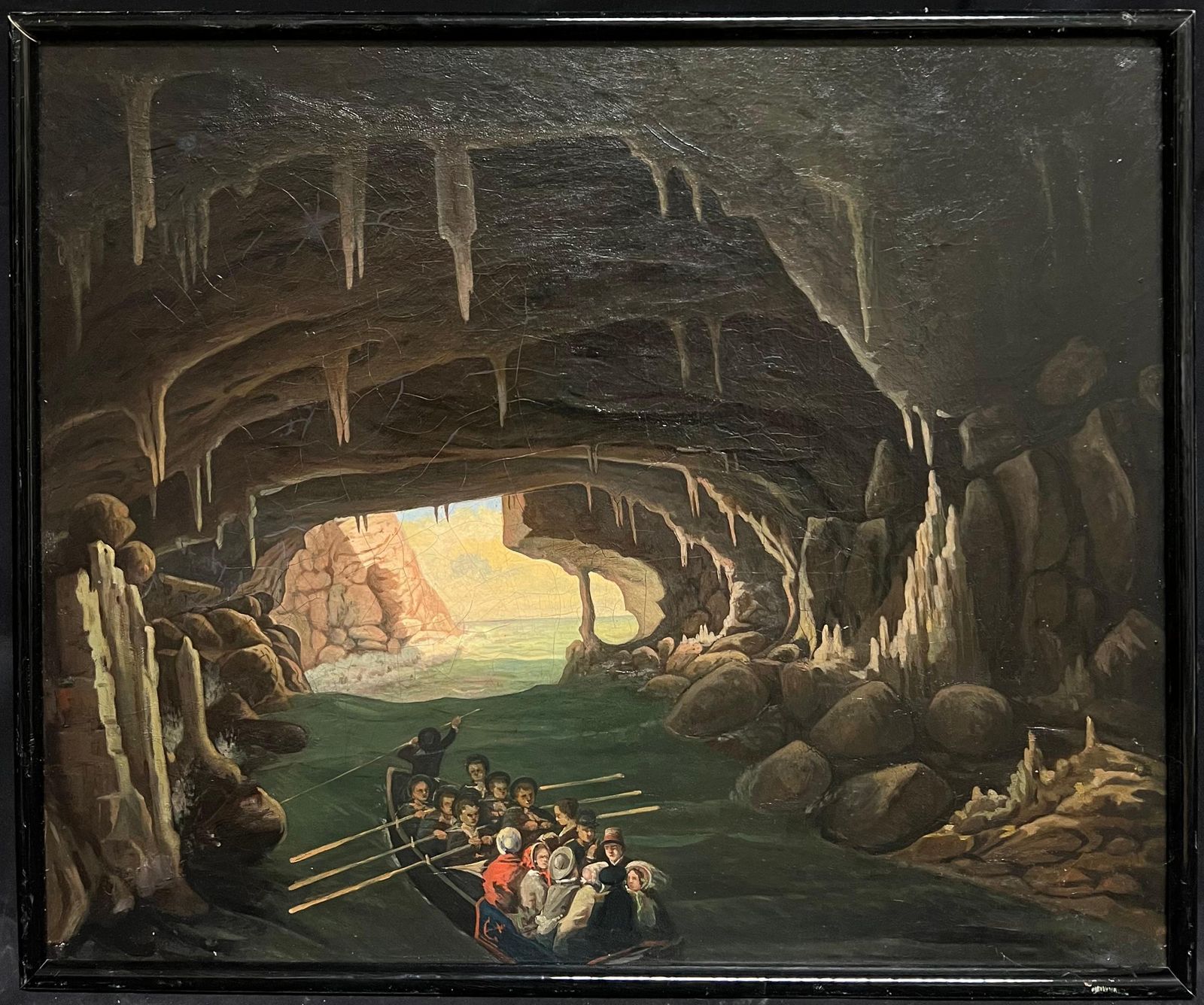 Italian 1800's Early 19th Century Italian Painting Boat Expedition Grotto Coastal Cave photo furniture