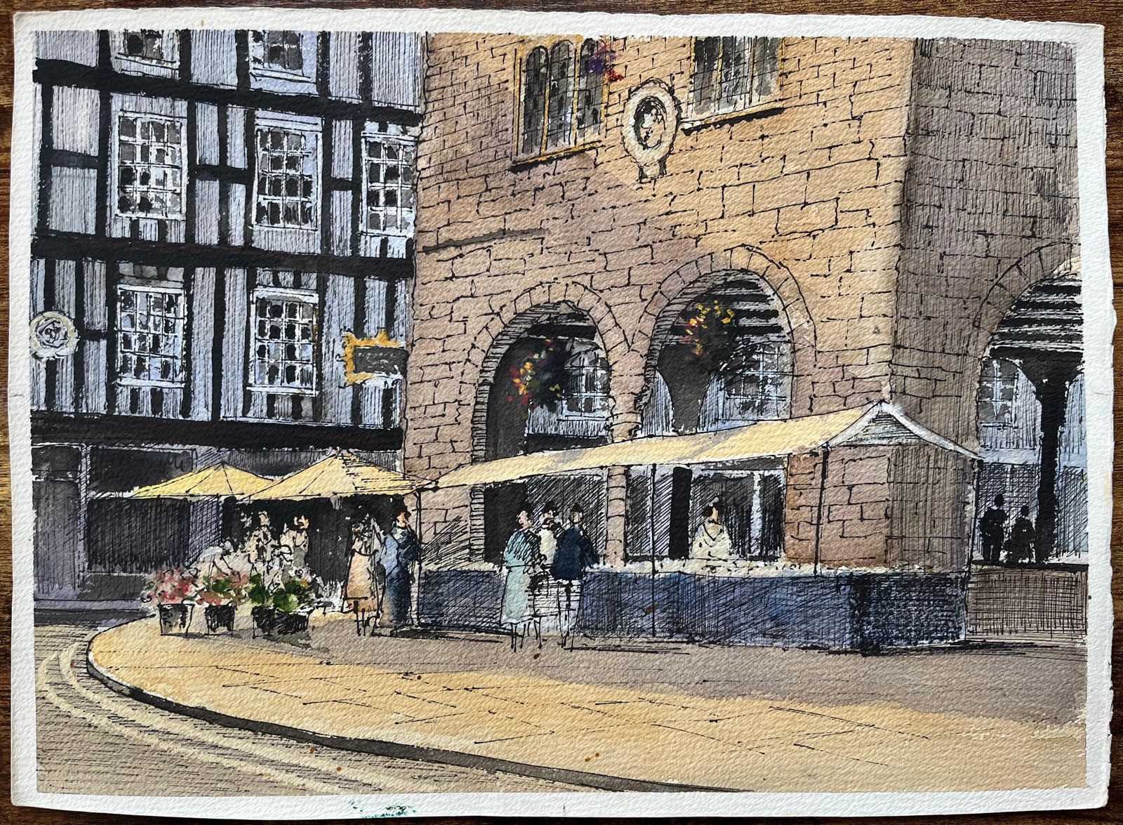 Anthony Avery British Watercolor Market Scene With Historic Building Facade photo furniture