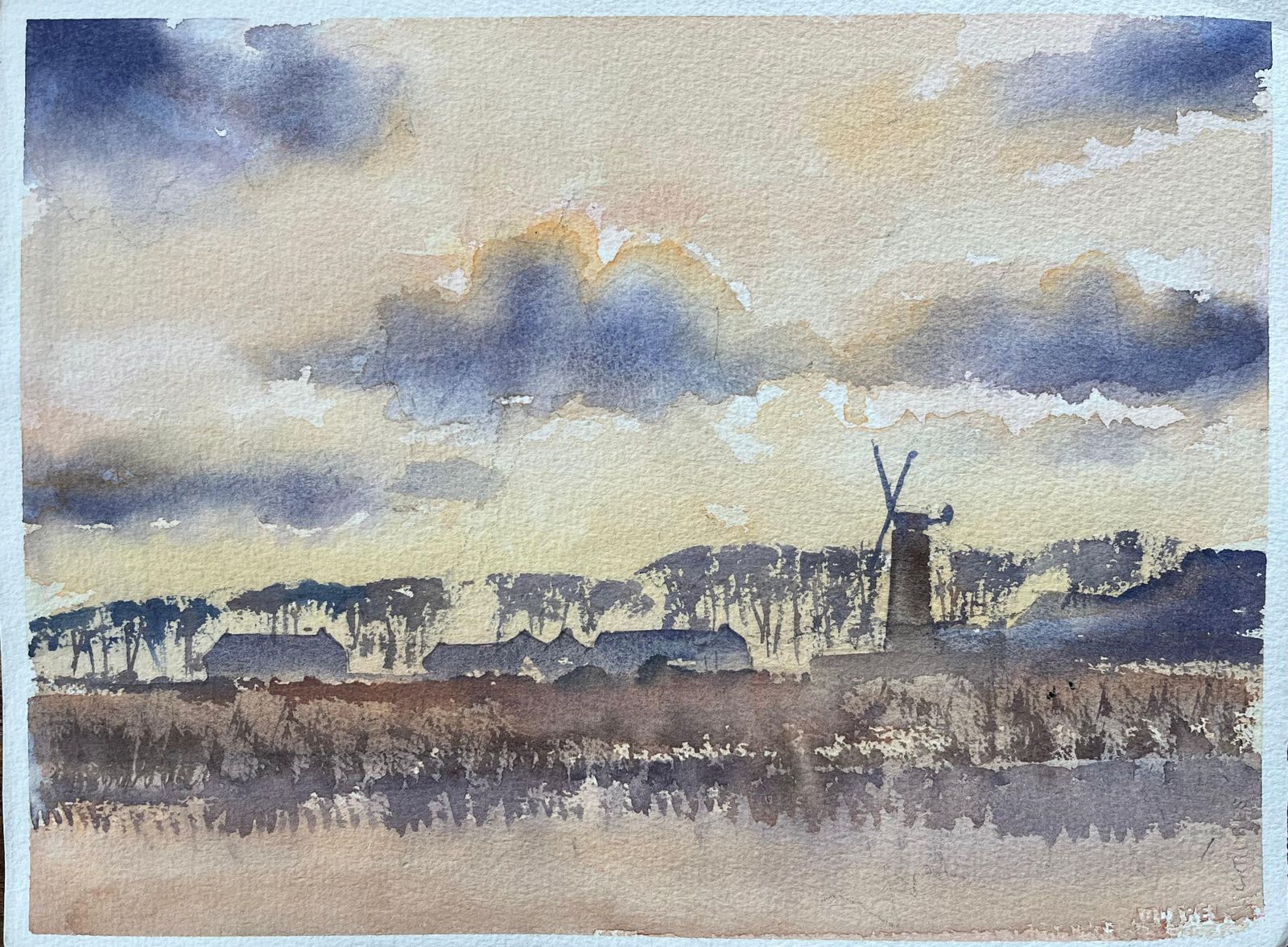 Anthony Avery British Original Watercolor Of A Windmill And Countryside Landscape At Sunset