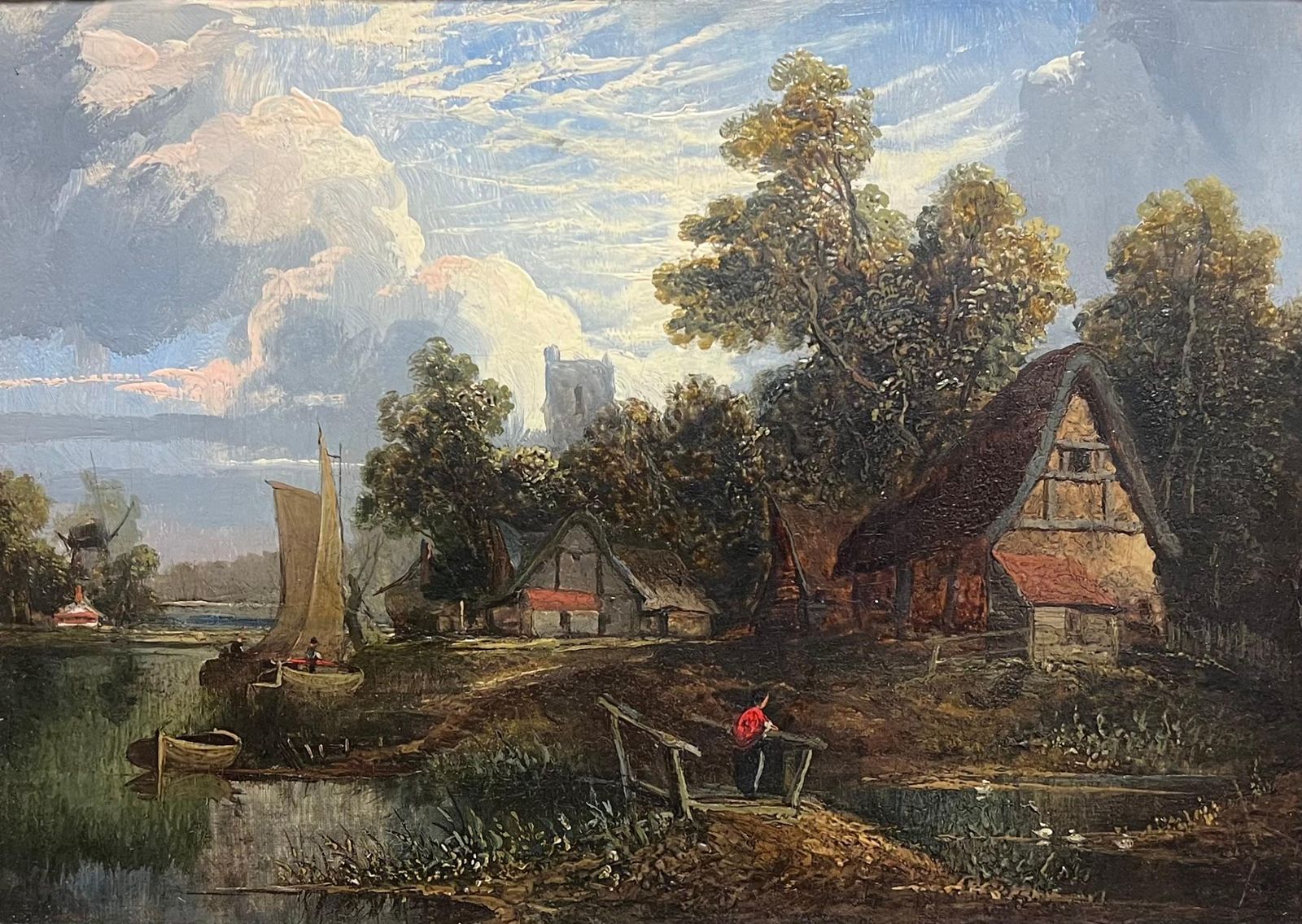 Norwich School Mid 19th Century English River Landscape Cottage And Figure On River Wherry Mid 19th Century photo furniture