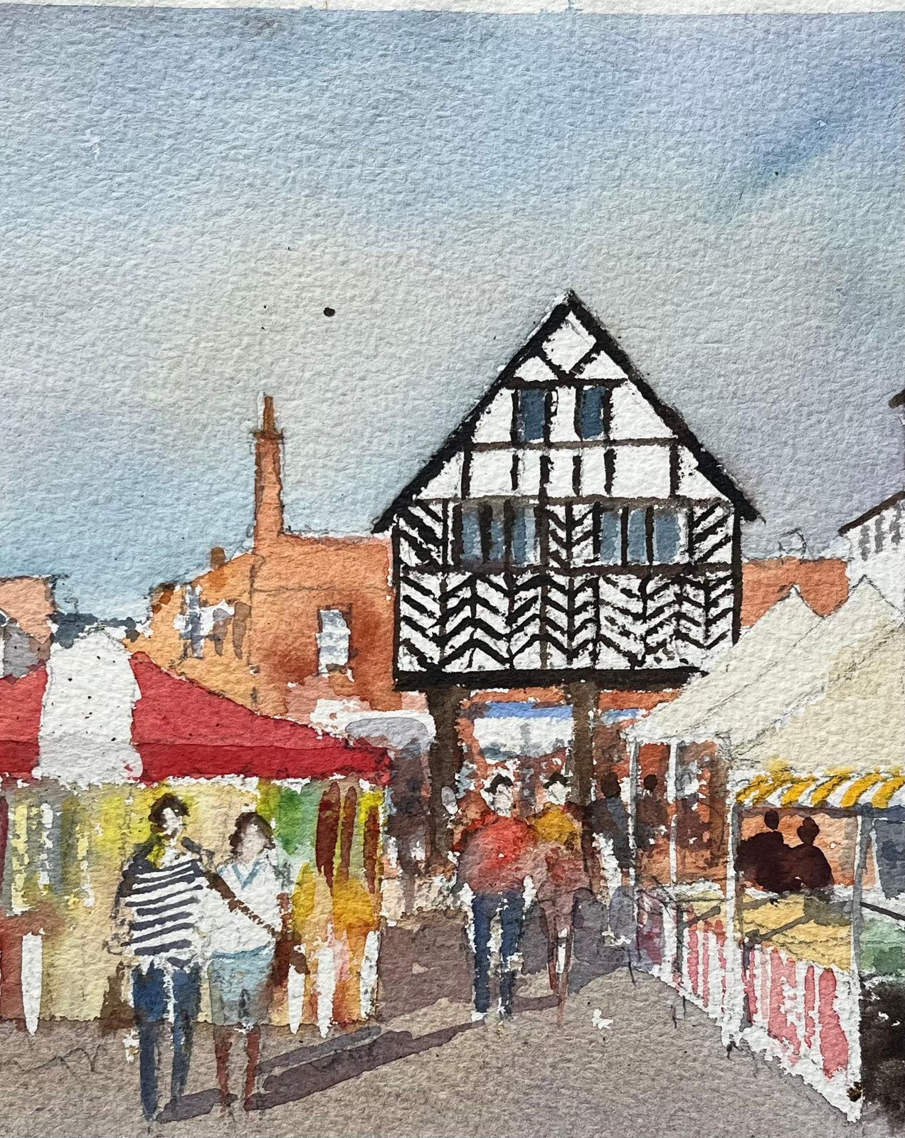 Anthony Avery British Impressionist Watercolor Of A Market Town Scene With Tudor Architecture photo for sale