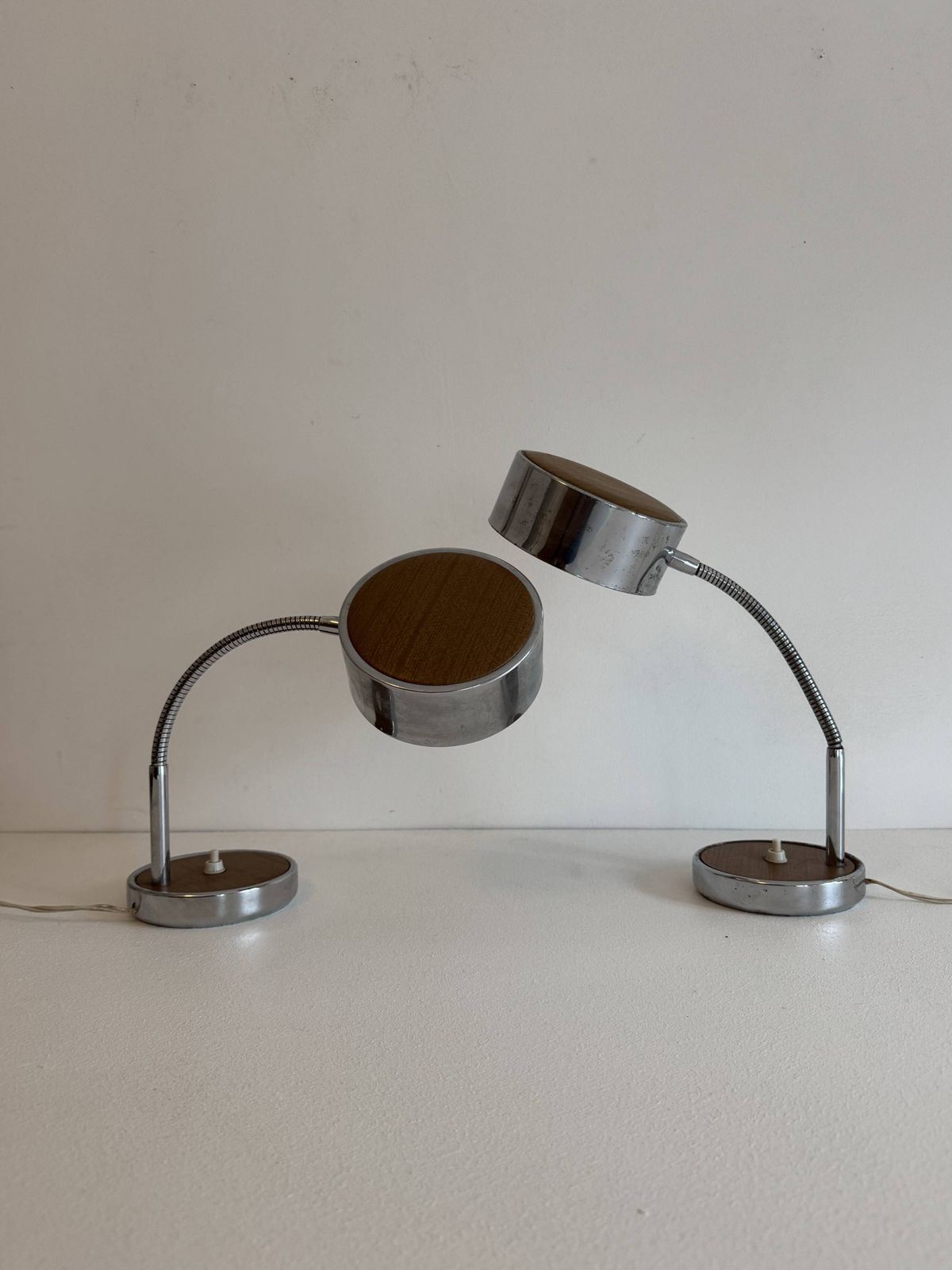 photo for sale Pair Of Adjustable Vintage Table Lamps, Chrome Metal And Wood, France.