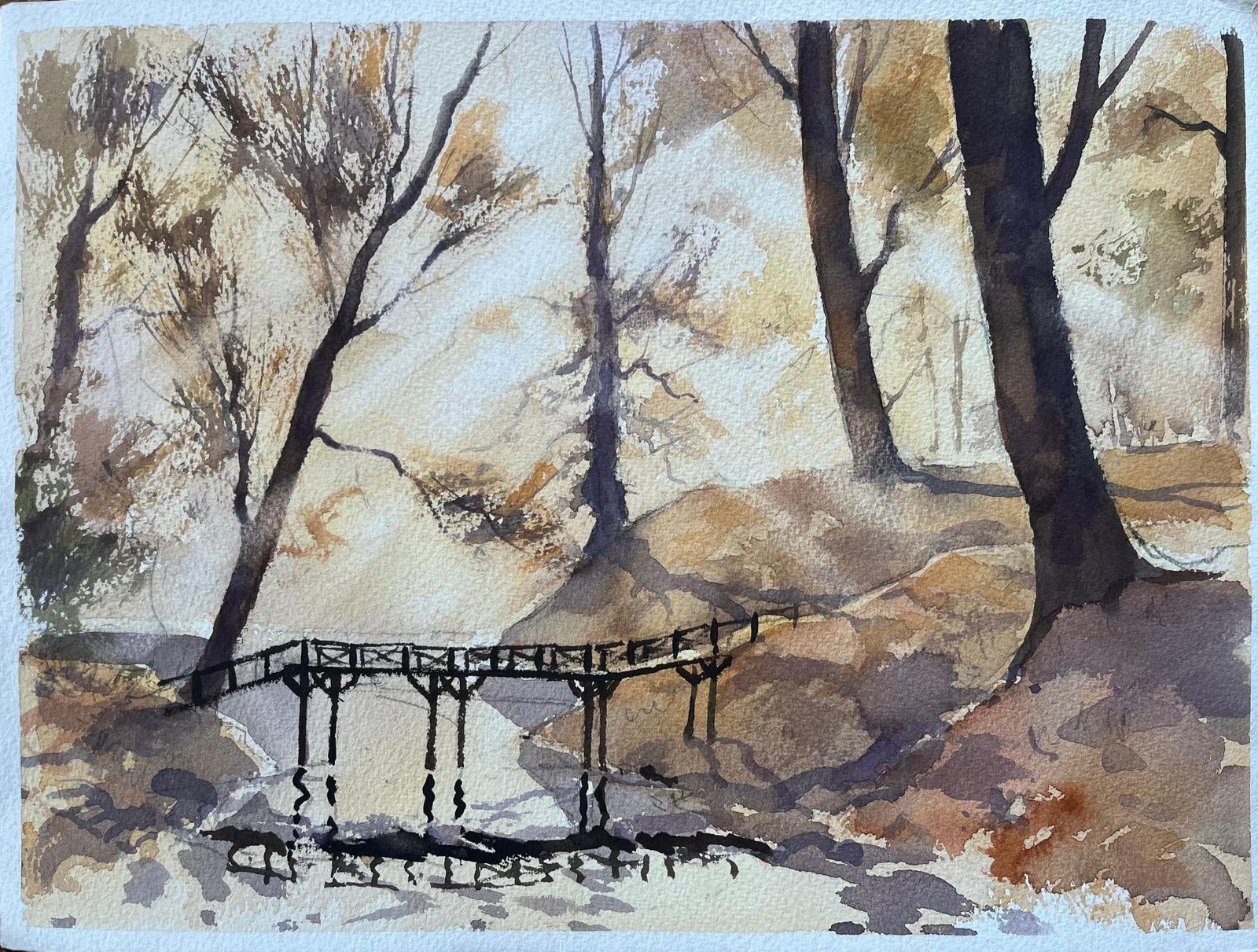 Anthony Avery British Original Watercolor Of A Woodland Scene With Footbridge