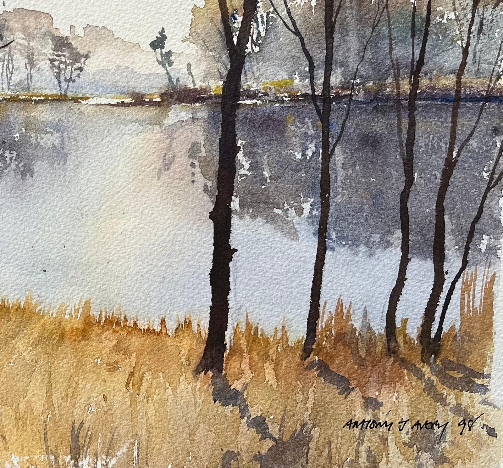 Anthony Avery British Original Watercolor Of A Serene Lake Landscape In Early Morning Light 1998 photo for sale