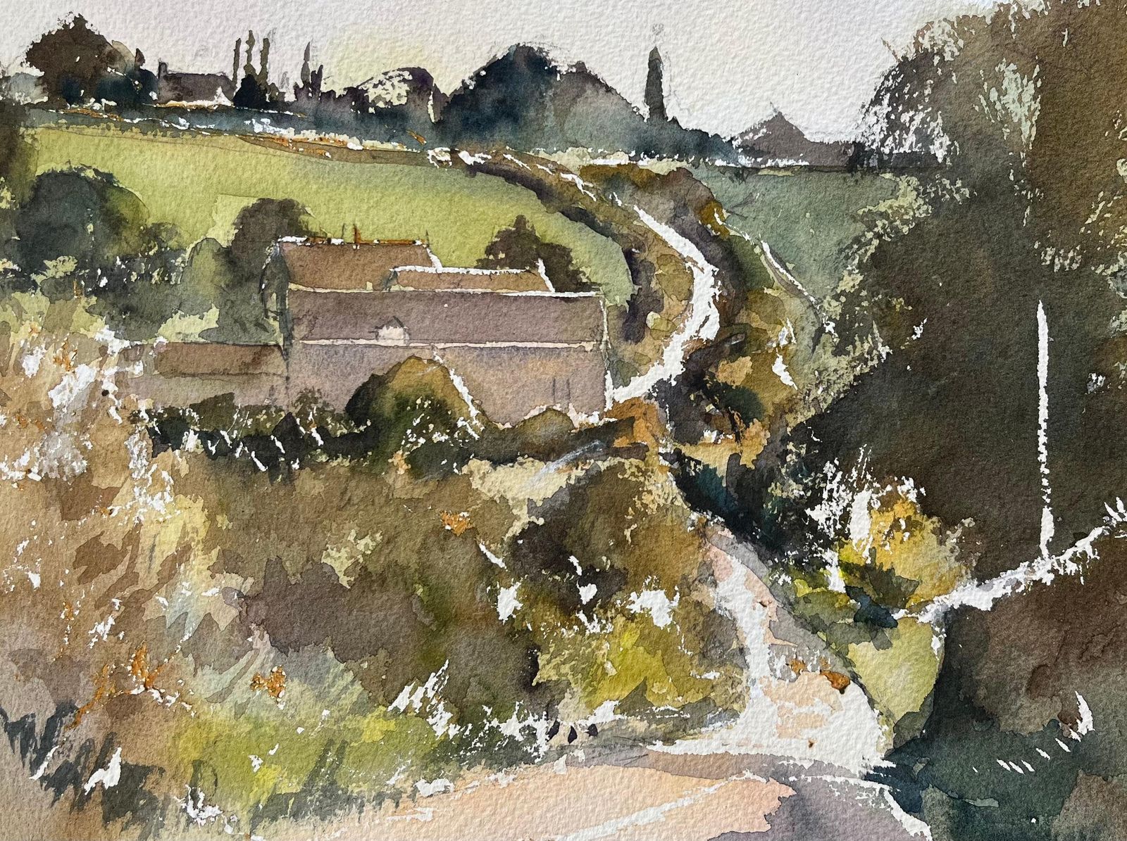 Anthony Avery British Impressionist Watercolor Of Country Road Through Rolling Fields photo vinterior