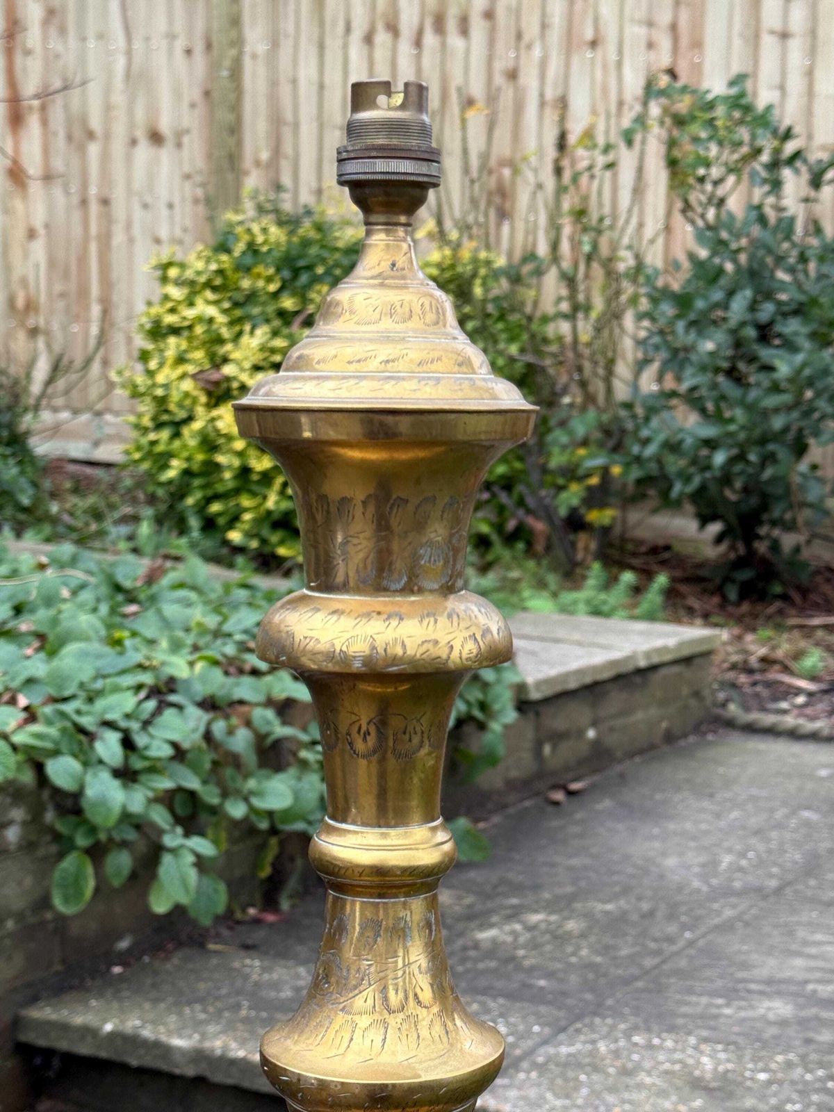 Large Vintage Hand Engraved Solid Brass Table Lamp With Ornate Mid Century Design 61cm Tall, Pat Tested And Working photo Lighting