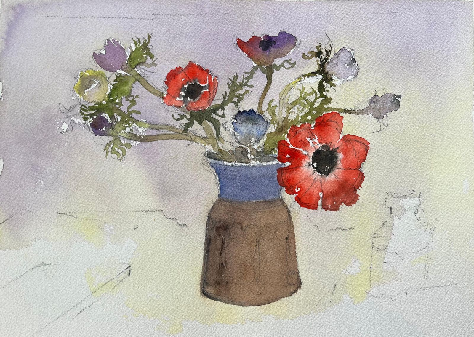 Anthony Avery British Impressionist Watercolor Of Bouquet Of Anemones In A Vase