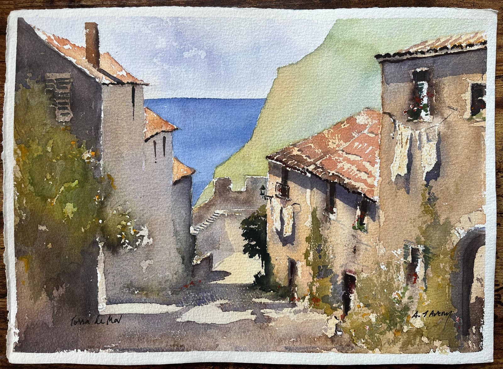 Anthony Avery British Impressionist Watercolor Of Tossa De Mar Coastal Village Scene photo furniture