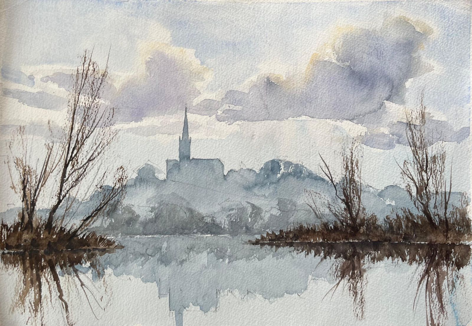 Anthony Avery British Impressionist Watercolor Of A Church Silhouette Over Misty Reflections