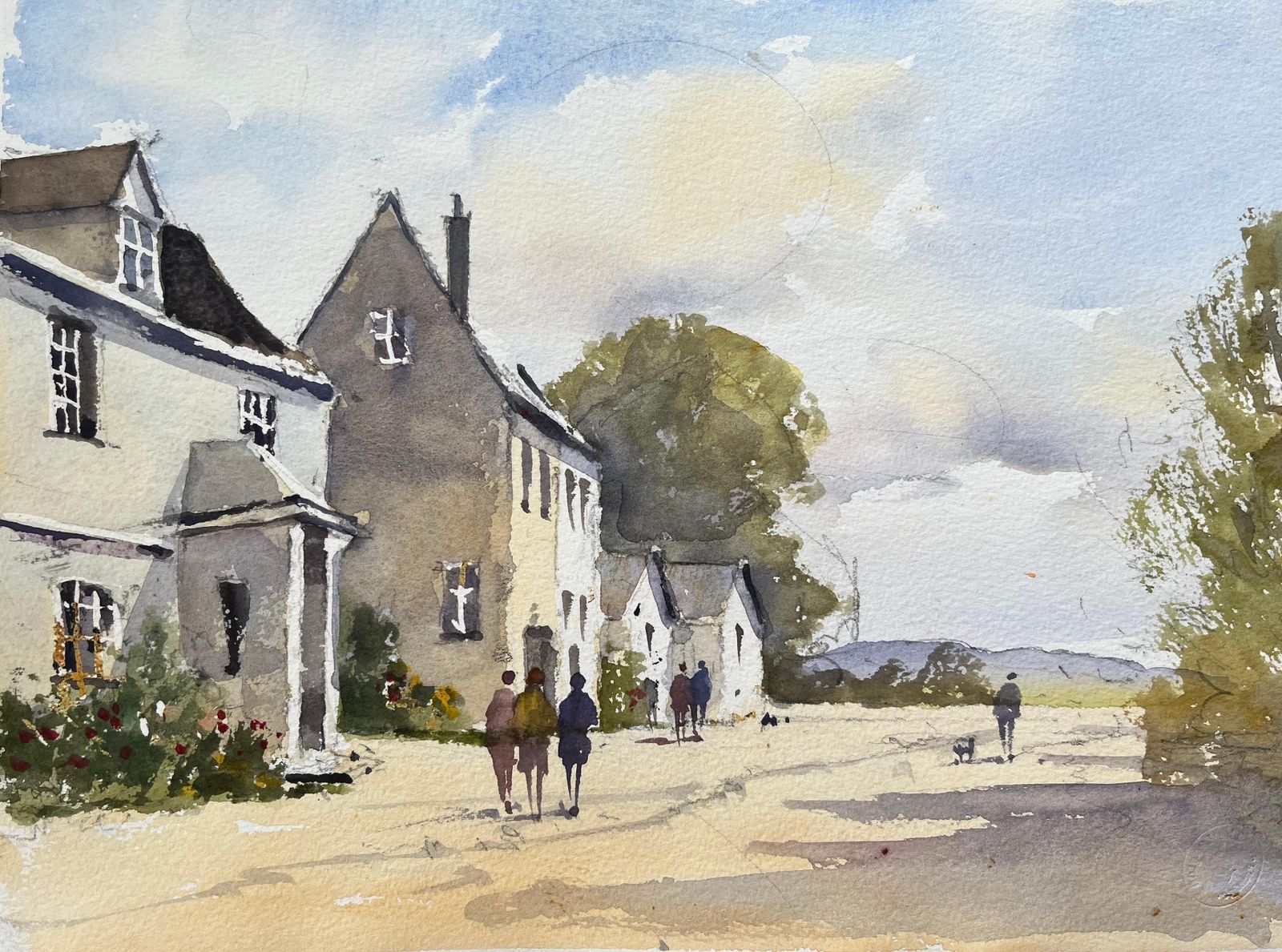 Anthony Avery British Impressionist Watercolor Of Figures Taking A Village Street Stroll