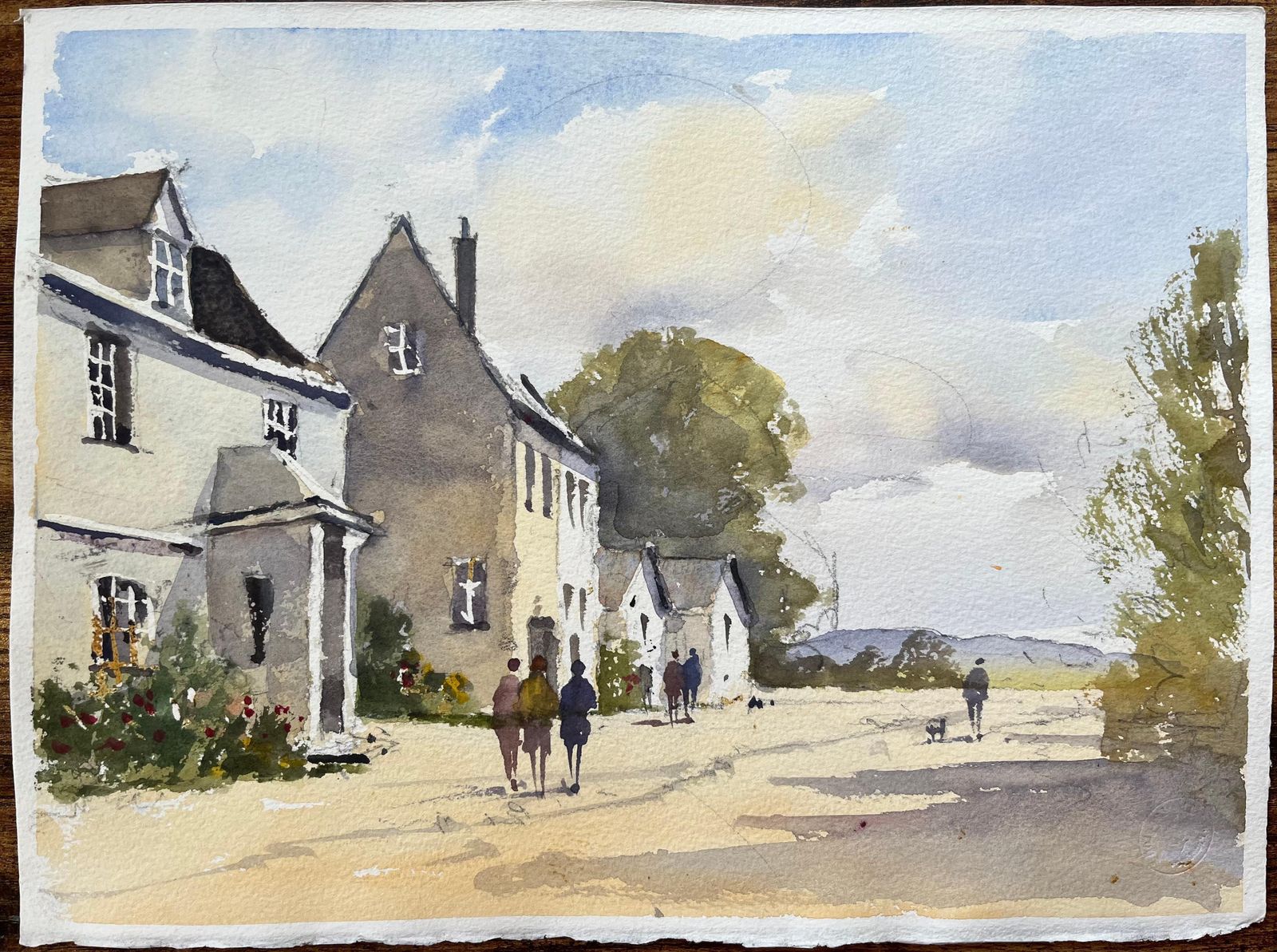Anthony Avery British Impressionist Watercolor Of Figures Taking A Village Street Stroll photo furniture