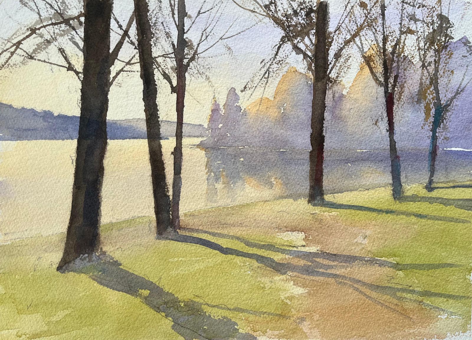 Anthony Avery British Impressionist Watercolor Of Morning Shadows By The Lake