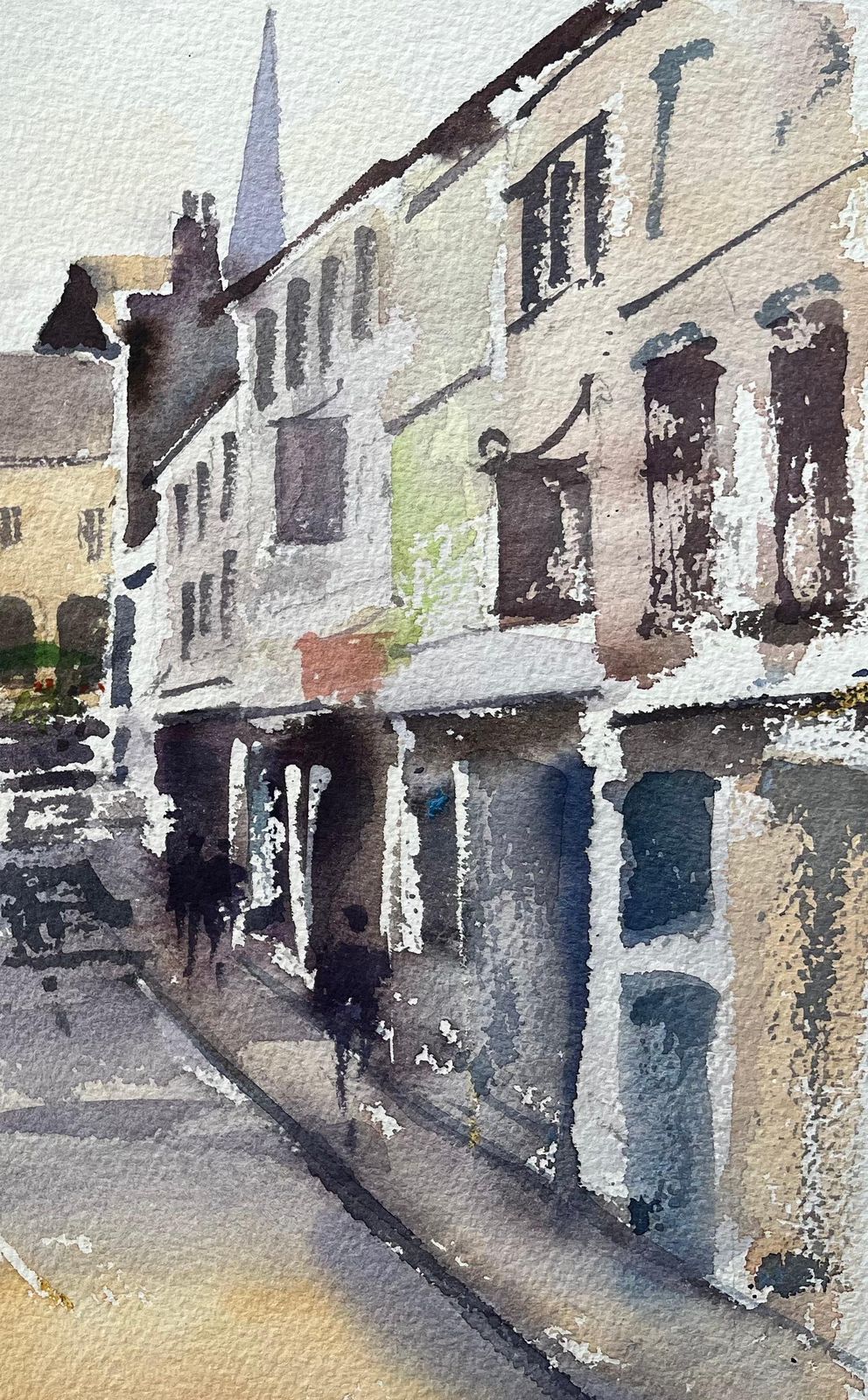 Anthony Avery British Impressionist Watercolor Of Village Street Leading To The Town Hall photo for sale