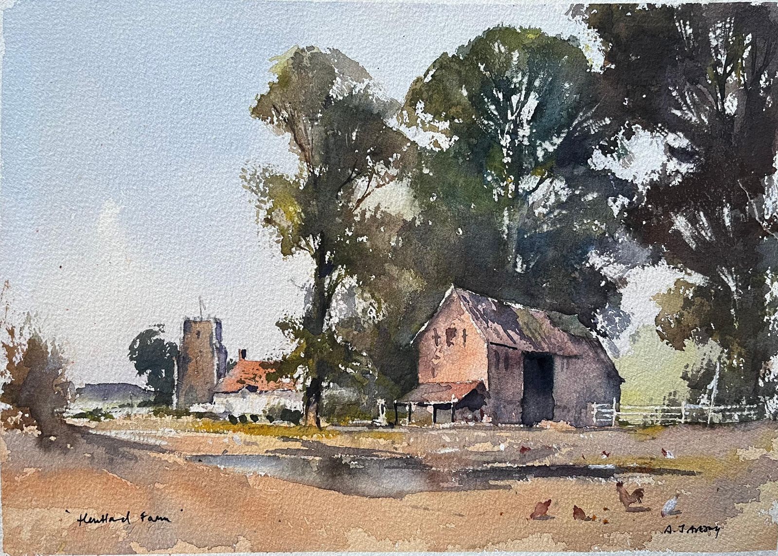 Anthony Avery British Impressionist Watercolor Of Kentfield Farm, With Church And Chickens