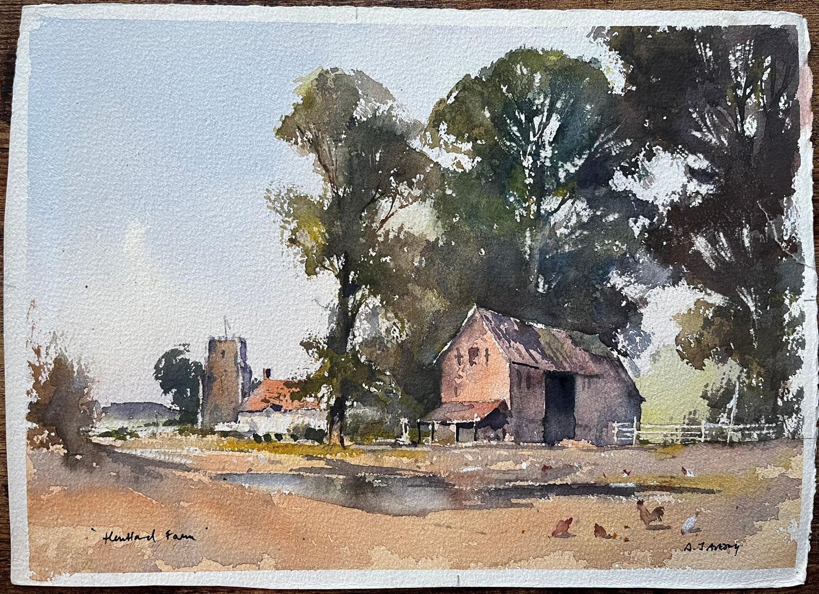 Anthony Avery British Impressionist Watercolor Of Kentfield Farm, With Church And Chickens photo furniture